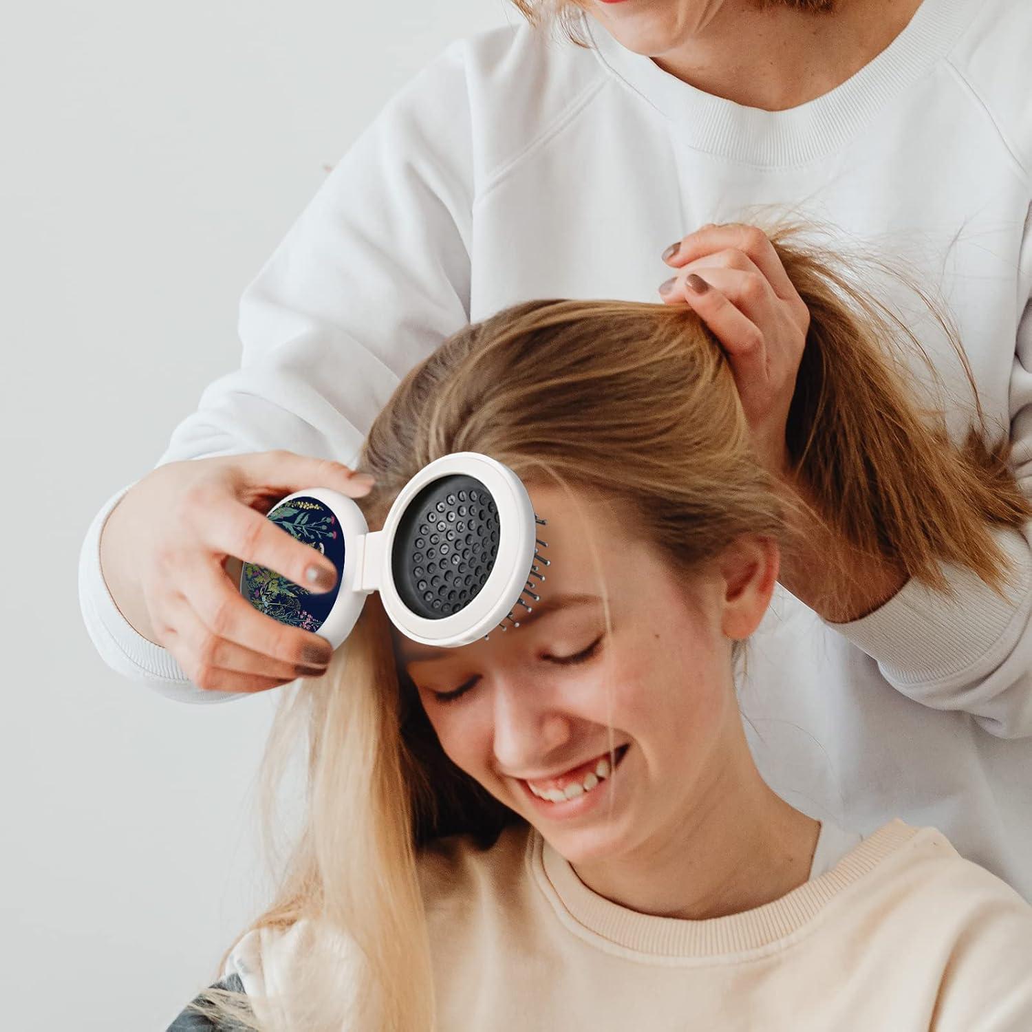 Mini cepillo de pelo portátil CZDZYMJYHS con espejo - Flores negras