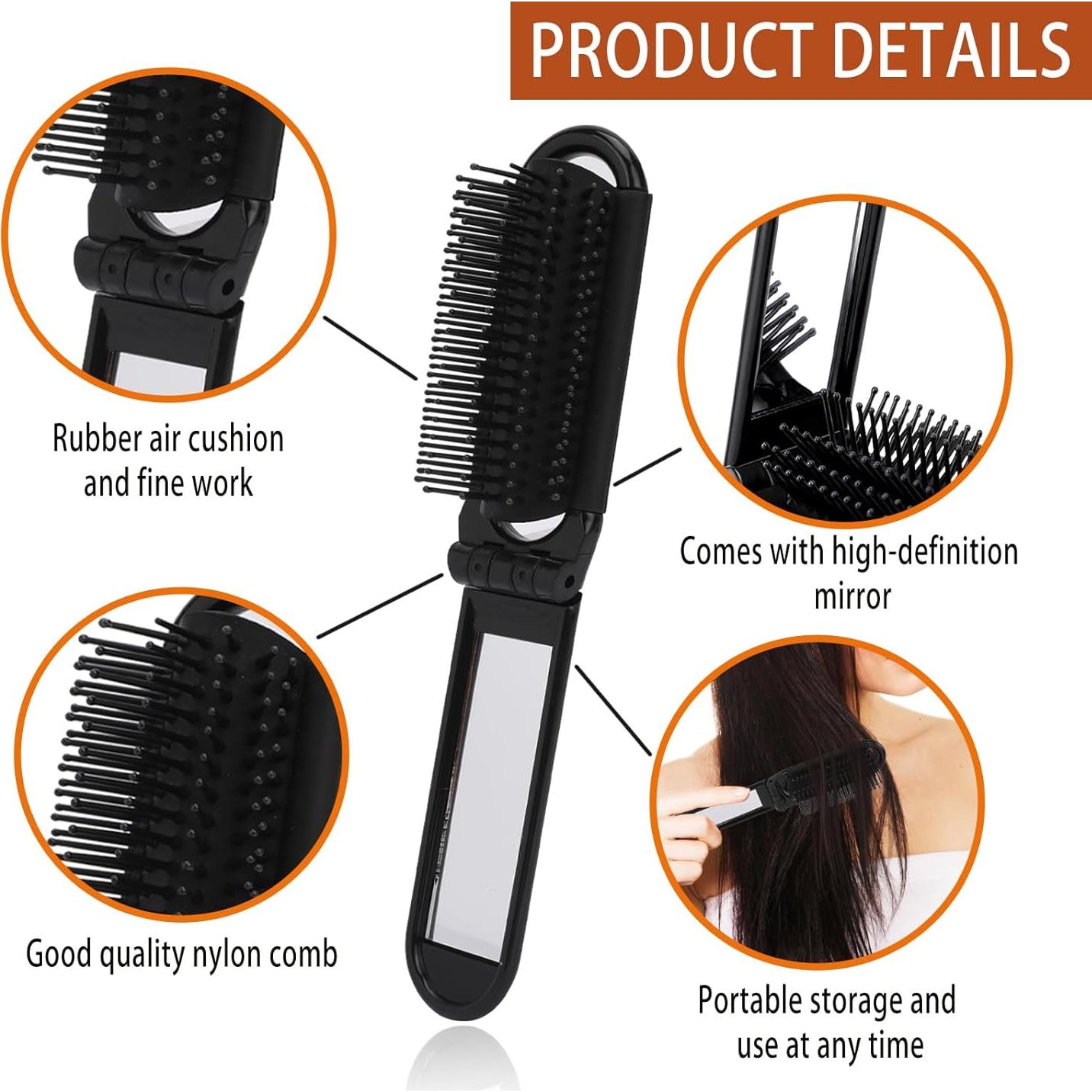 Cepillo de cabello plegable con espejo MOZEAT Negro 20.2 cm