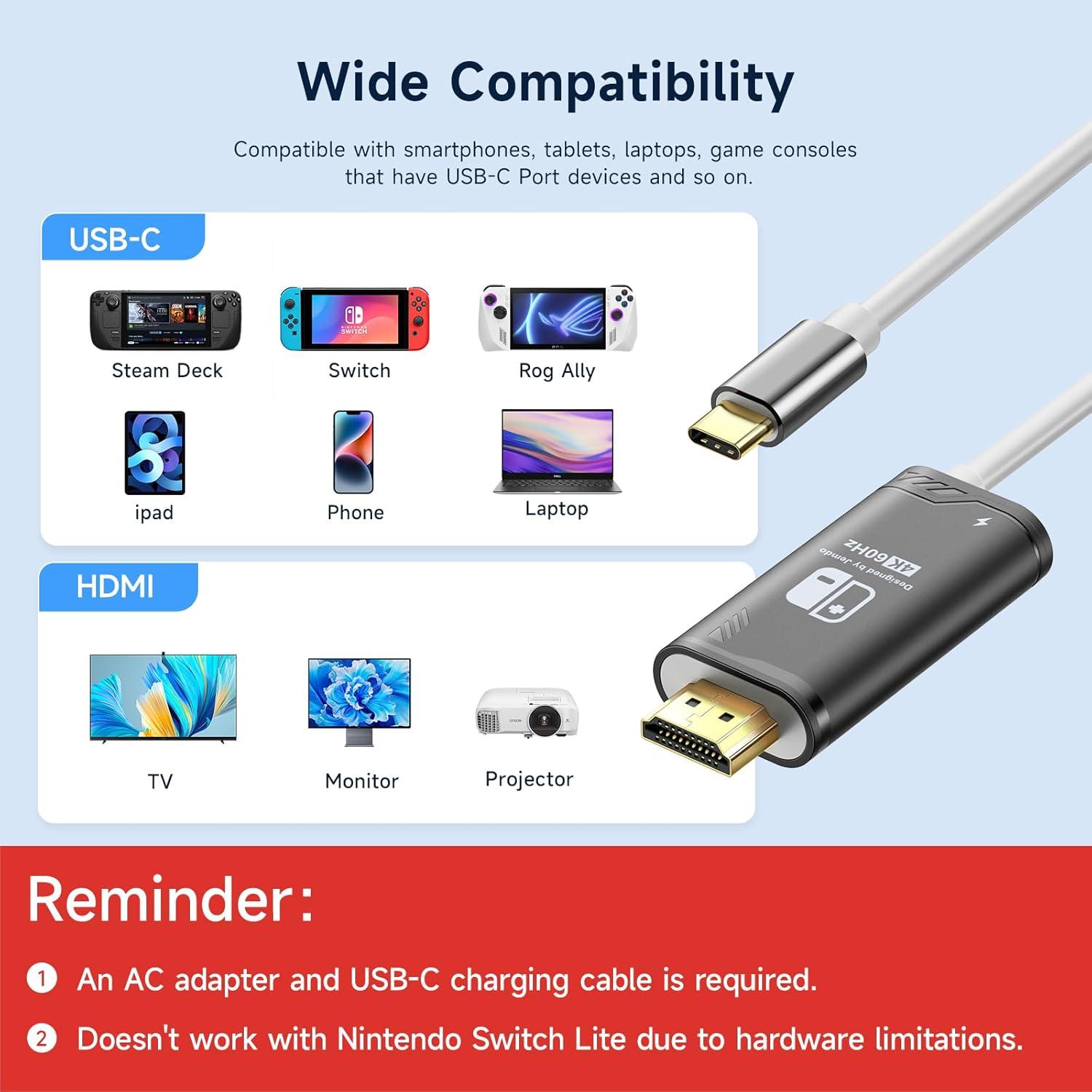 Adaptador HDMI JINGDU 4K para Nintendo Switch 2m Negro