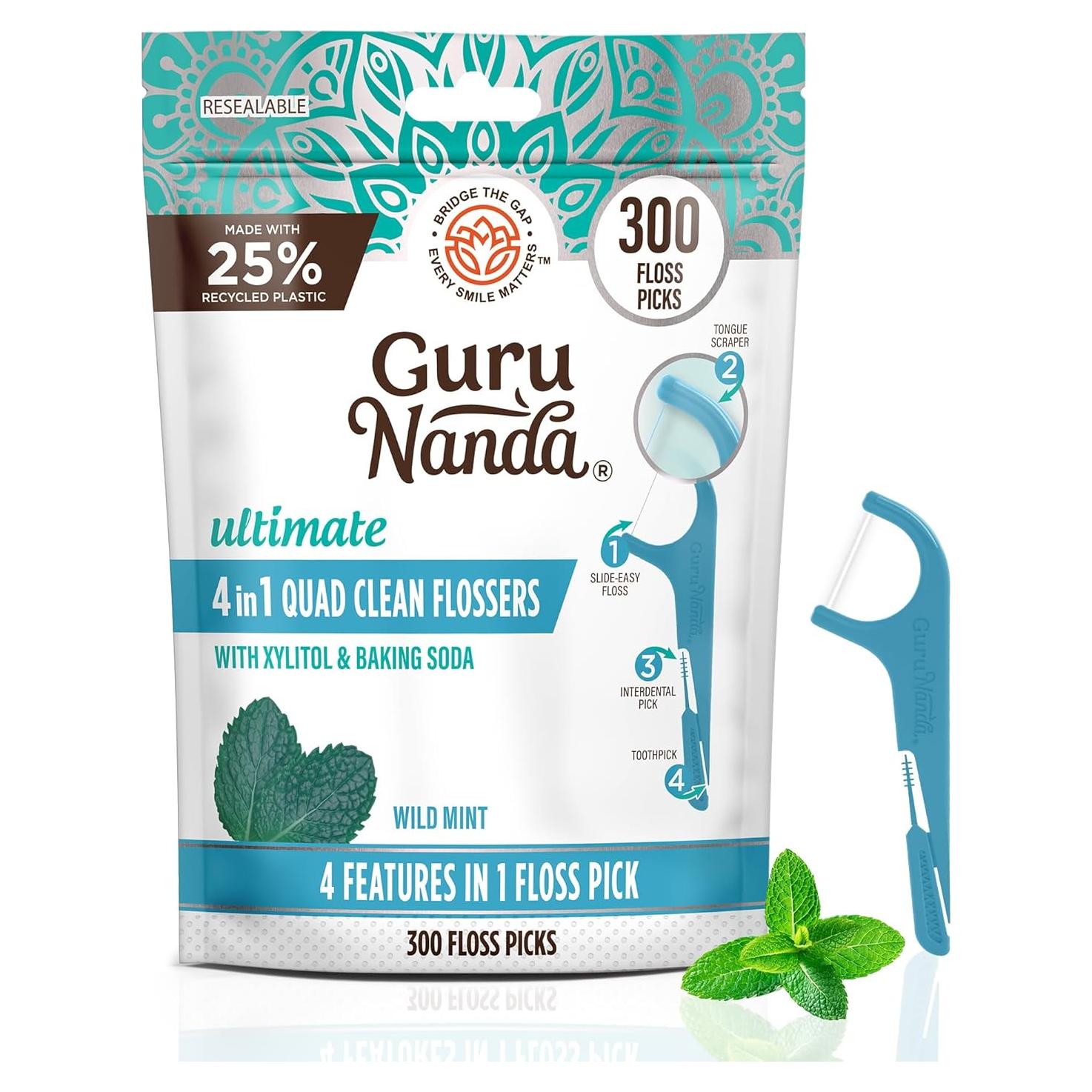 Palillos de Hilo GuruNanda 4-en-1 con Raspador de Lengua 300 ct