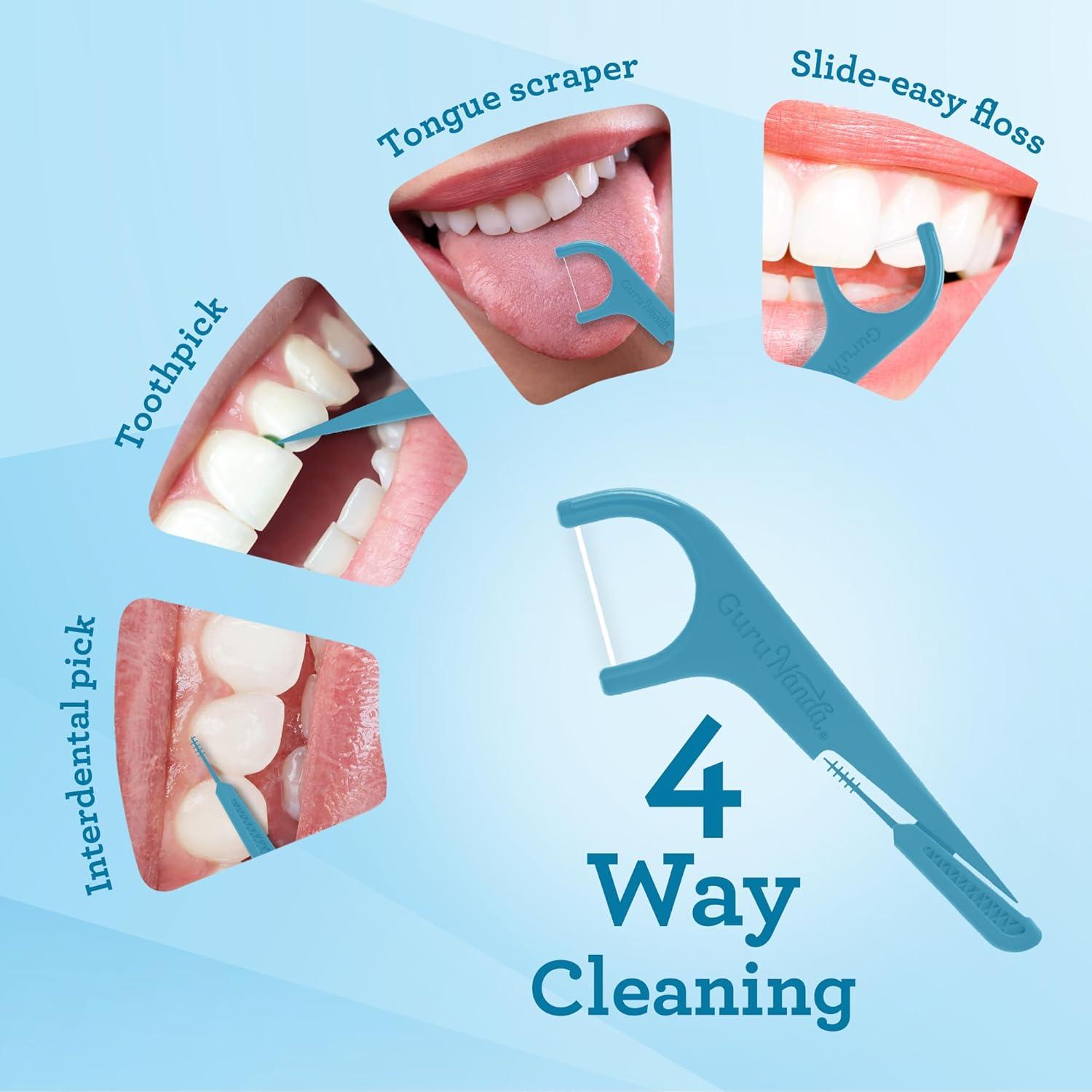 Palillos de Hilo GuruNanda 4-en-1 con Raspador de Lengua 300 ct