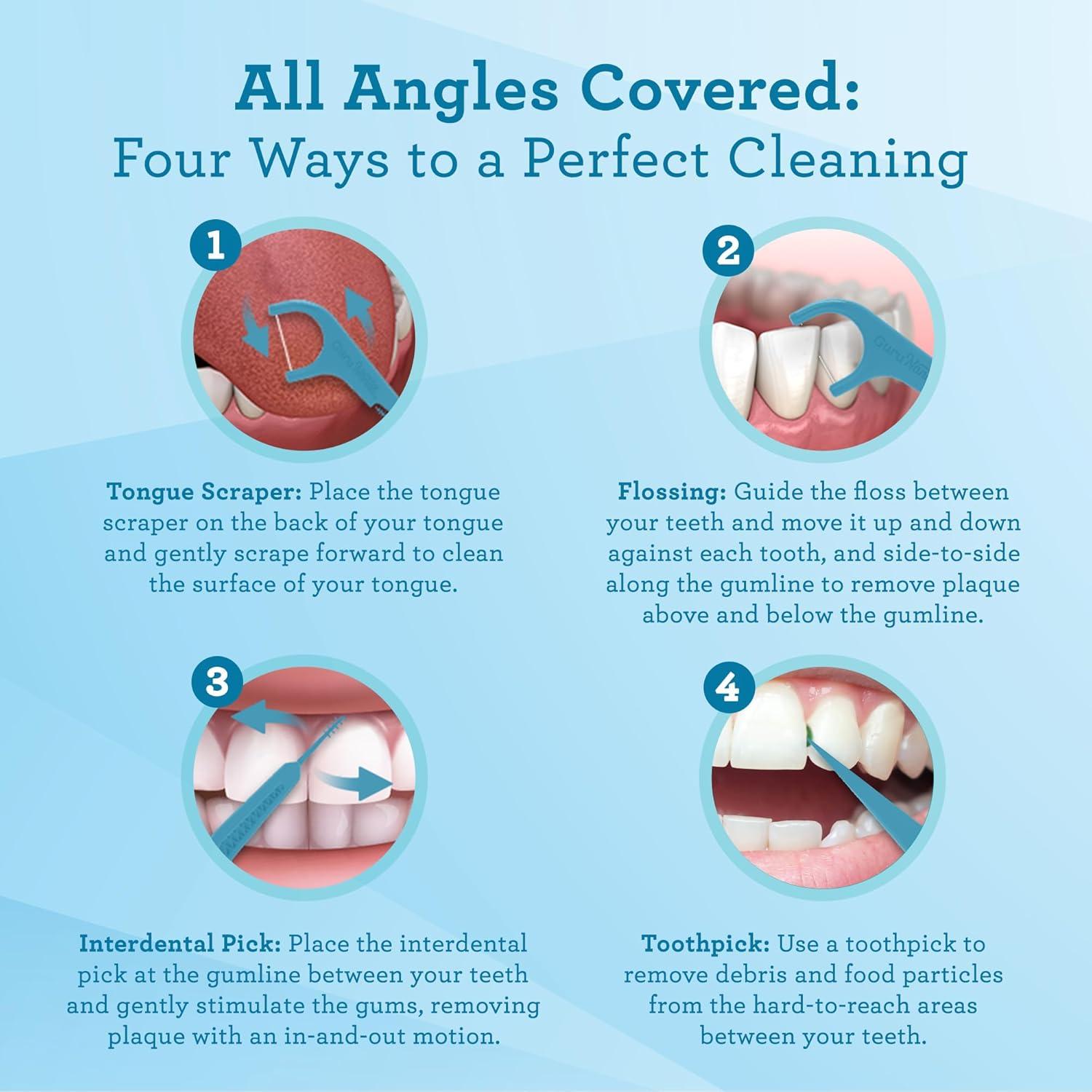 Palillos de Hilo GuruNanda 4-en-1 con Raspador de Lengua 300 ct