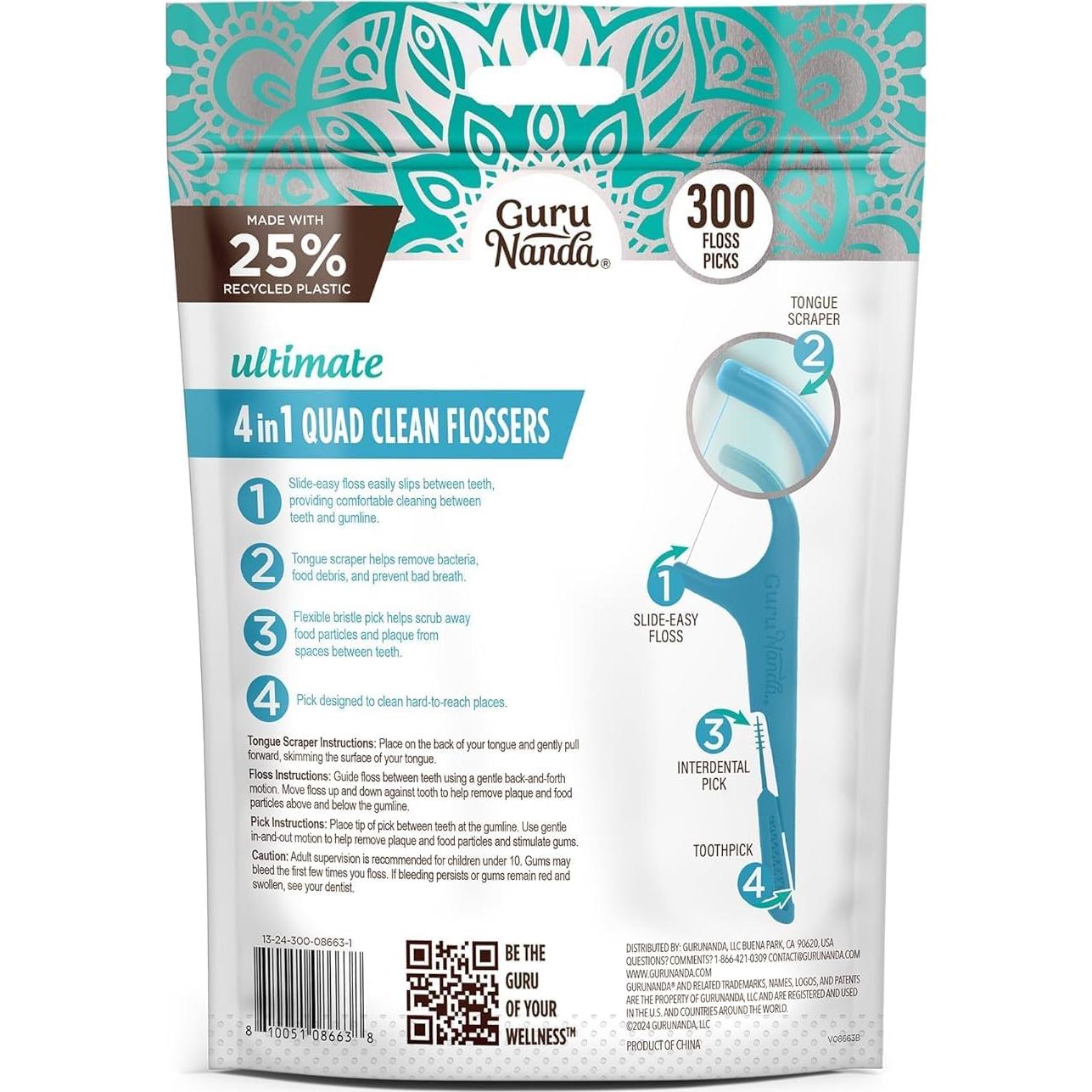 Palillos de Hilo GuruNanda 4-en-1 con Raspador de Lengua 300 ct