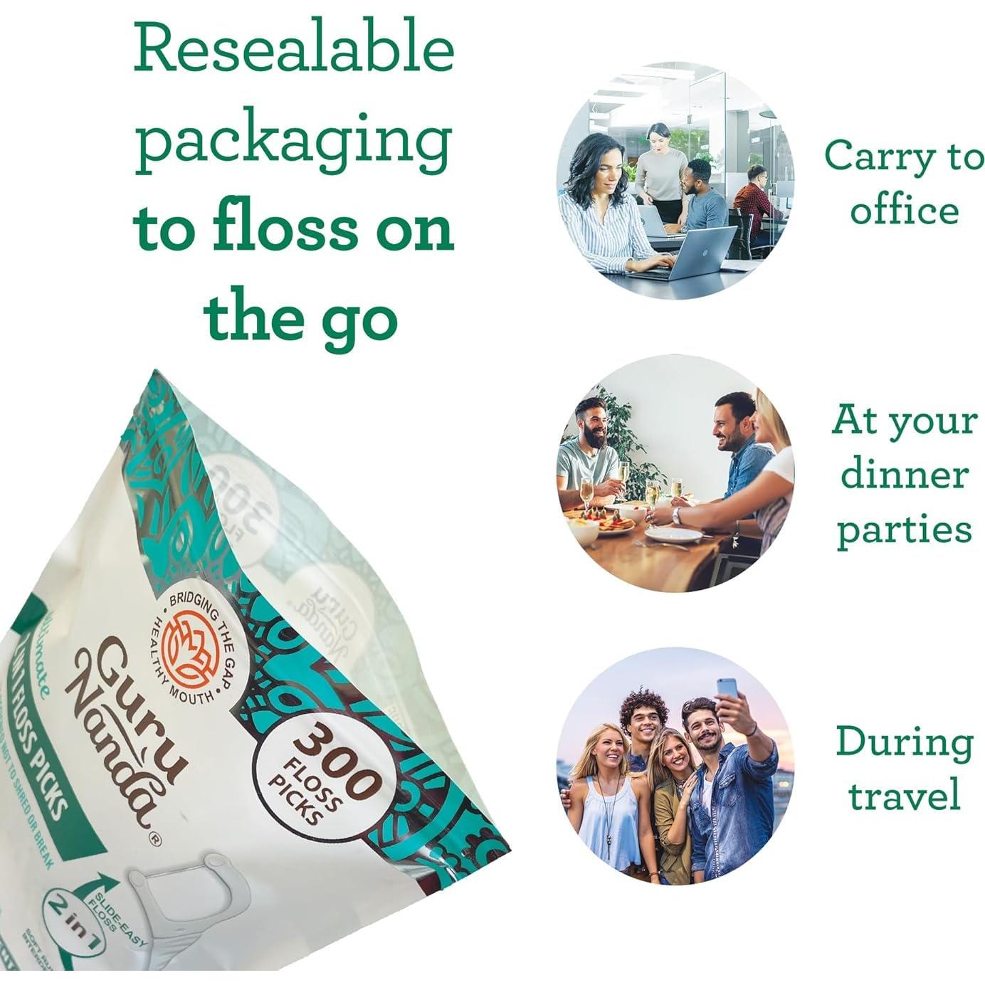 Palillos de Hilo Dental GuruNanda 2 en 1 - Sabor Menta, 300 Unidades