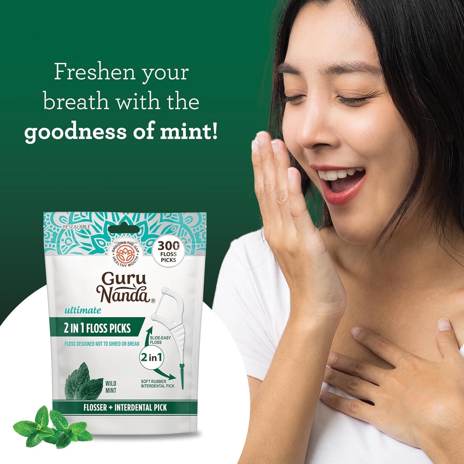 Palillos de Hilo Dental GuruNanda 2 en 1 - Sabor Menta, 300 Unidades