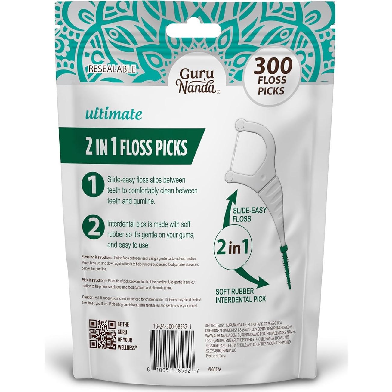 Palillos de Hilo Dental GuruNanda 2 en 1 - Sabor Menta, 300 Unidades