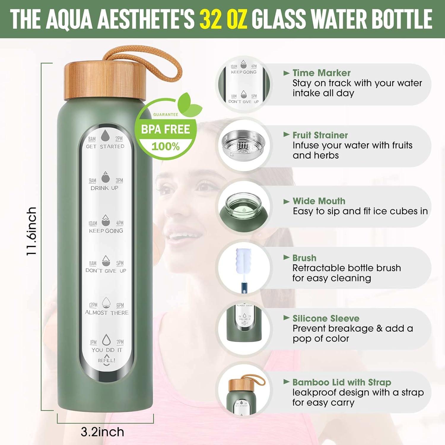 Botella de Agua de Vidrio Aqulea 32 Oz Verde con Infusor