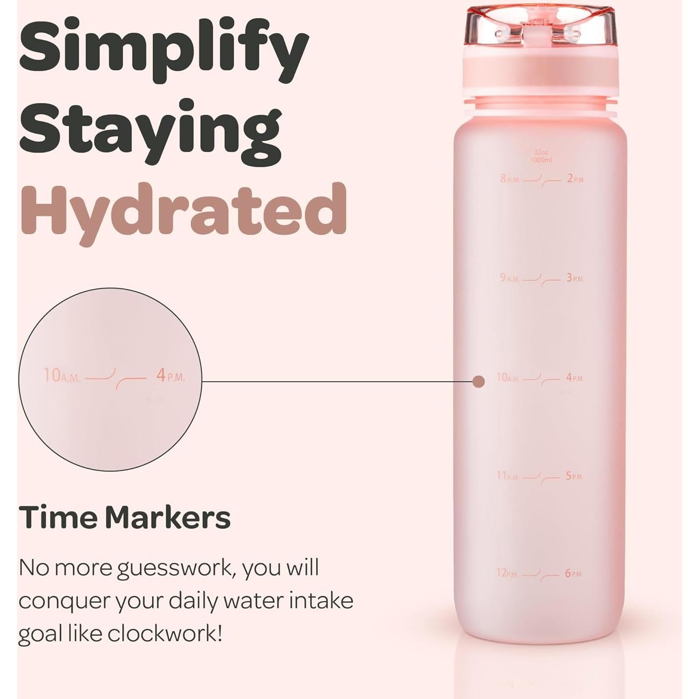 Botella de Agua Hydracy Coach 1L con Marcador de Tiempo Oro Rosa