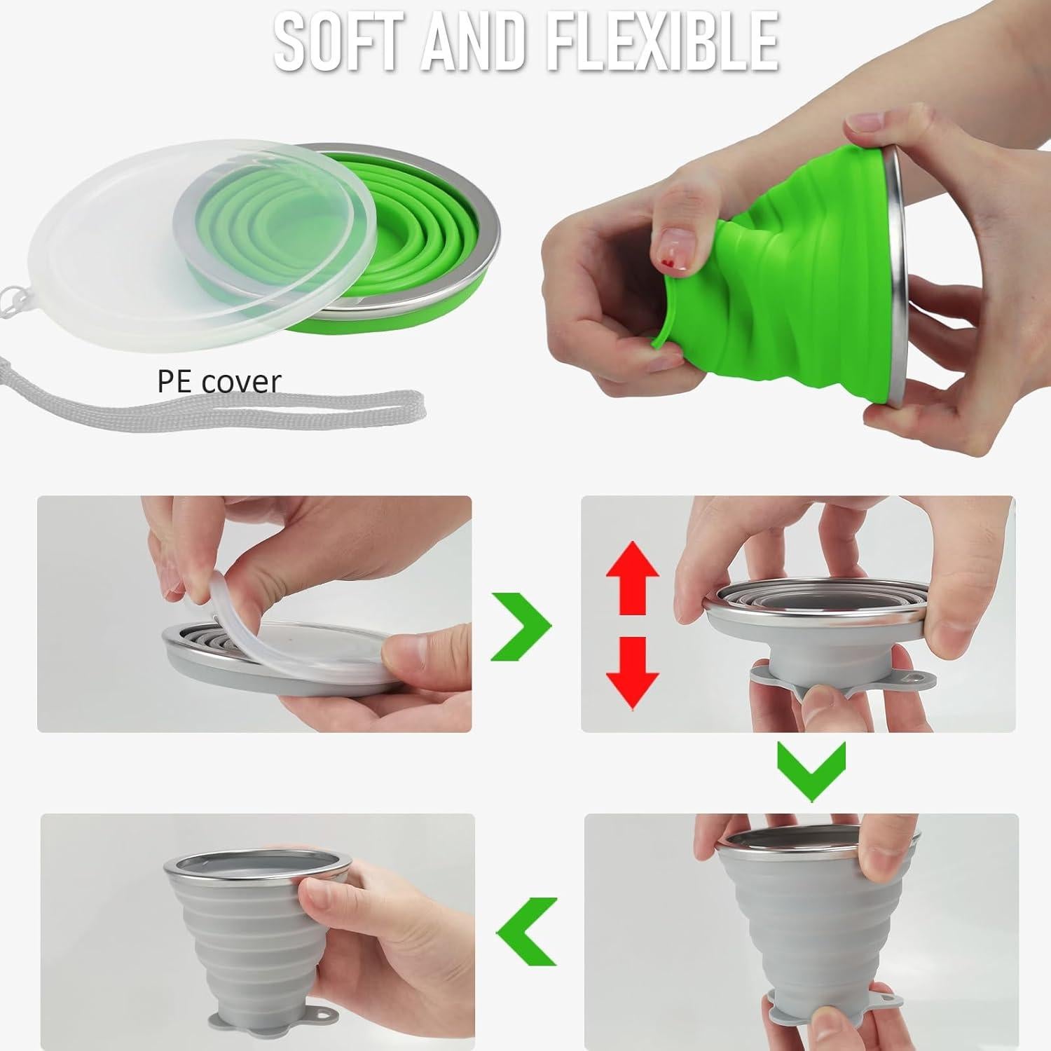 Taza Plegable de Silicona JBER para Viaje 260ml - Gris y Verde