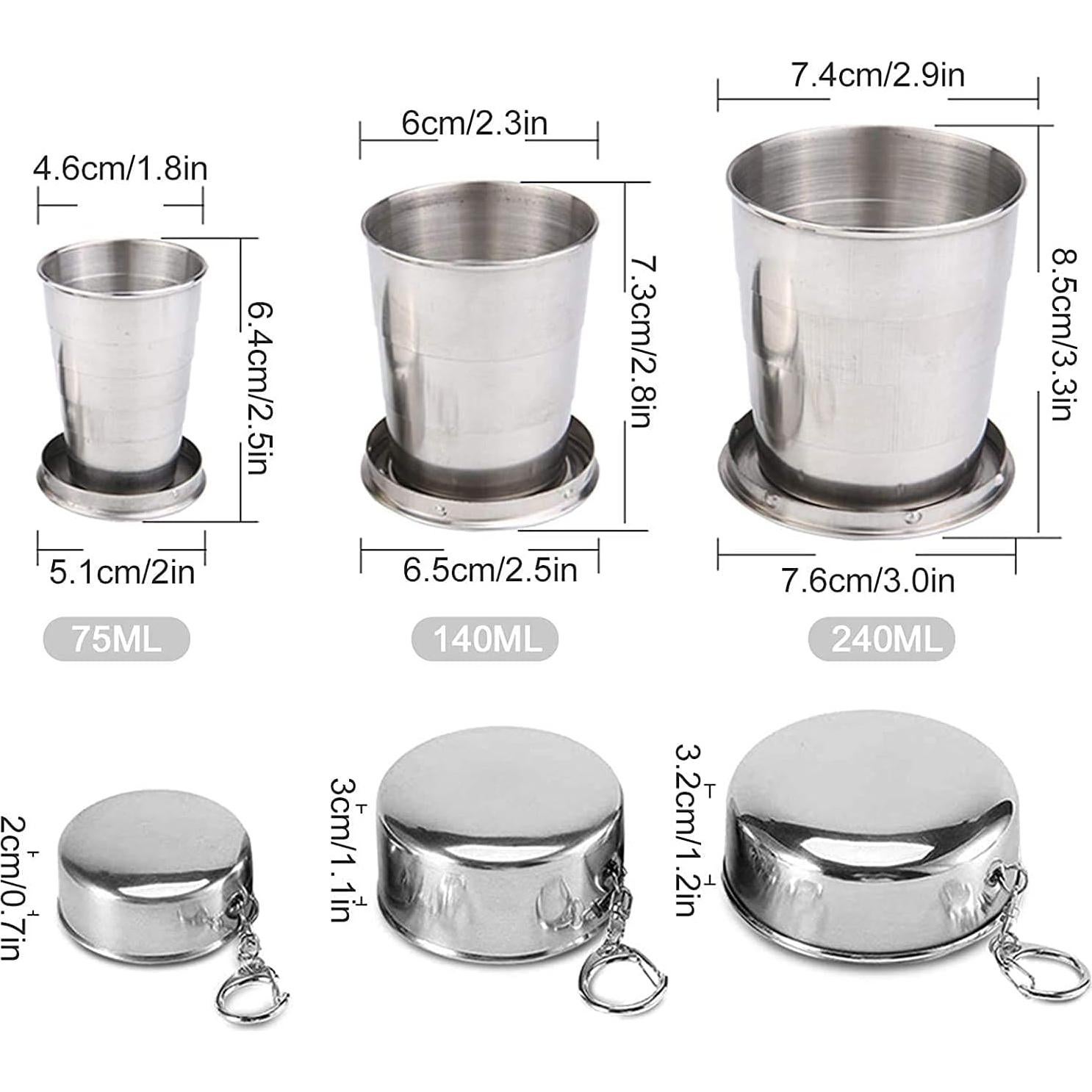 Tazas Plegables Guyuyii de Acero Inoxidable - 3 Piezas 75ml, 140ml, 240ml