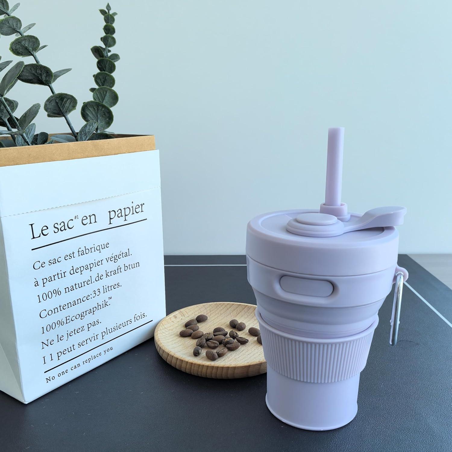 Taza de Viaje Plegable JSHYGOUP Morada 450ml A Prueba de Fugas