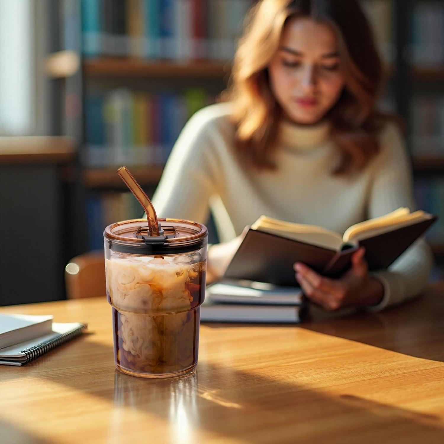 Vaso de Vidrio Aislado 400ml BLUEPOLAR con Tapa y Popote Ámbar