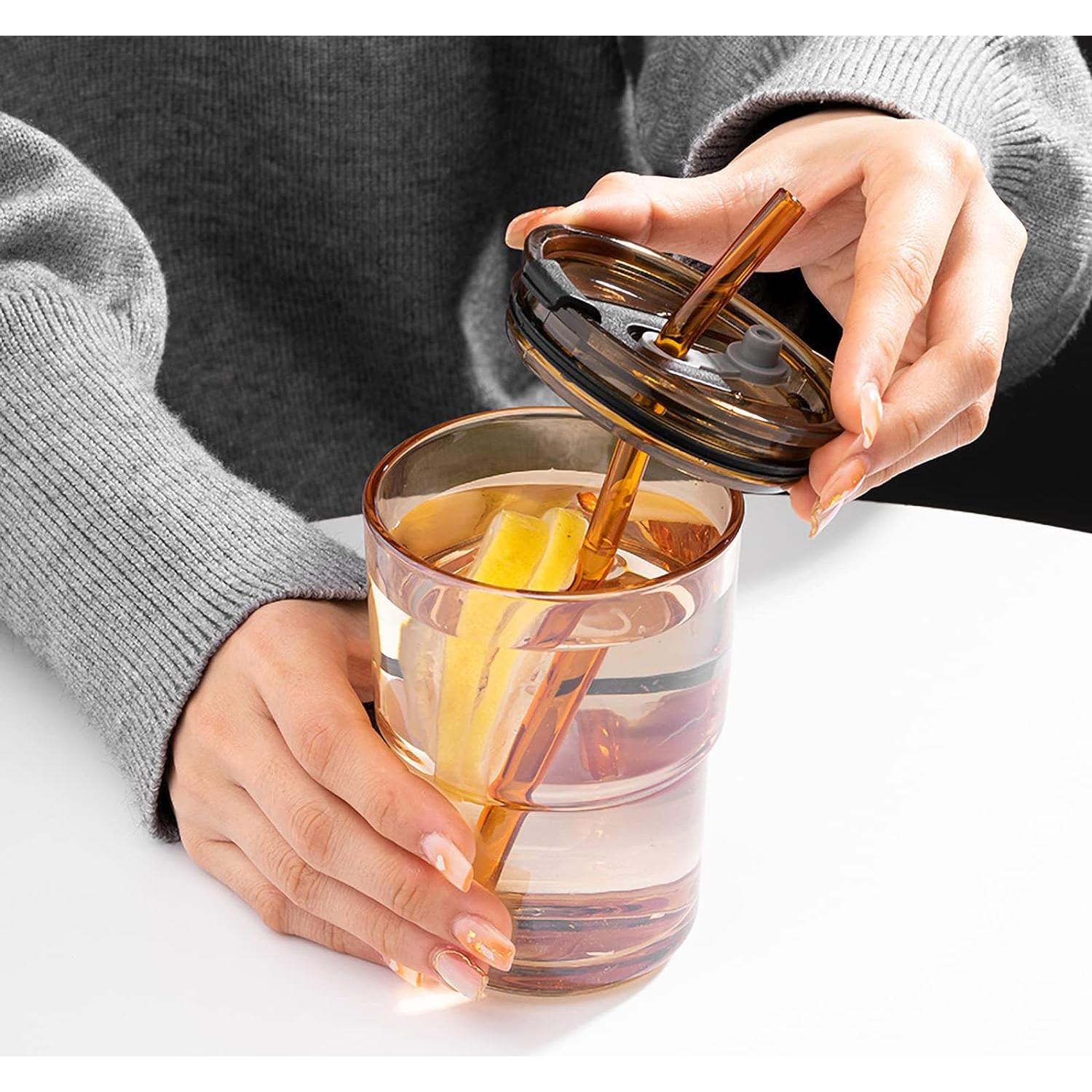 Vaso de Vidrio Aislado 400ml BLUEPOLAR con Tapa y Popote Ámbar