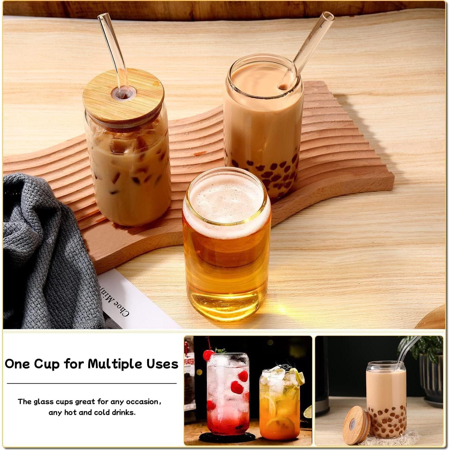 Juego de Tazas de Vidrio DWTS DANWEITESI 4 pcs 16 oz con Tapas y Pajitas