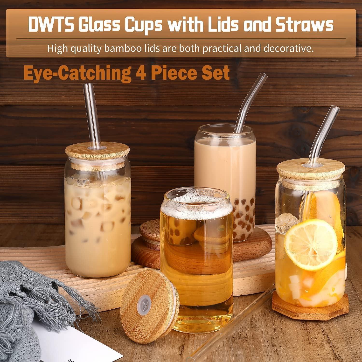Juego de Tazas de Vidrio DWTS DANWEITESI 4 pcs 16 oz con Tapas y Pajitas
