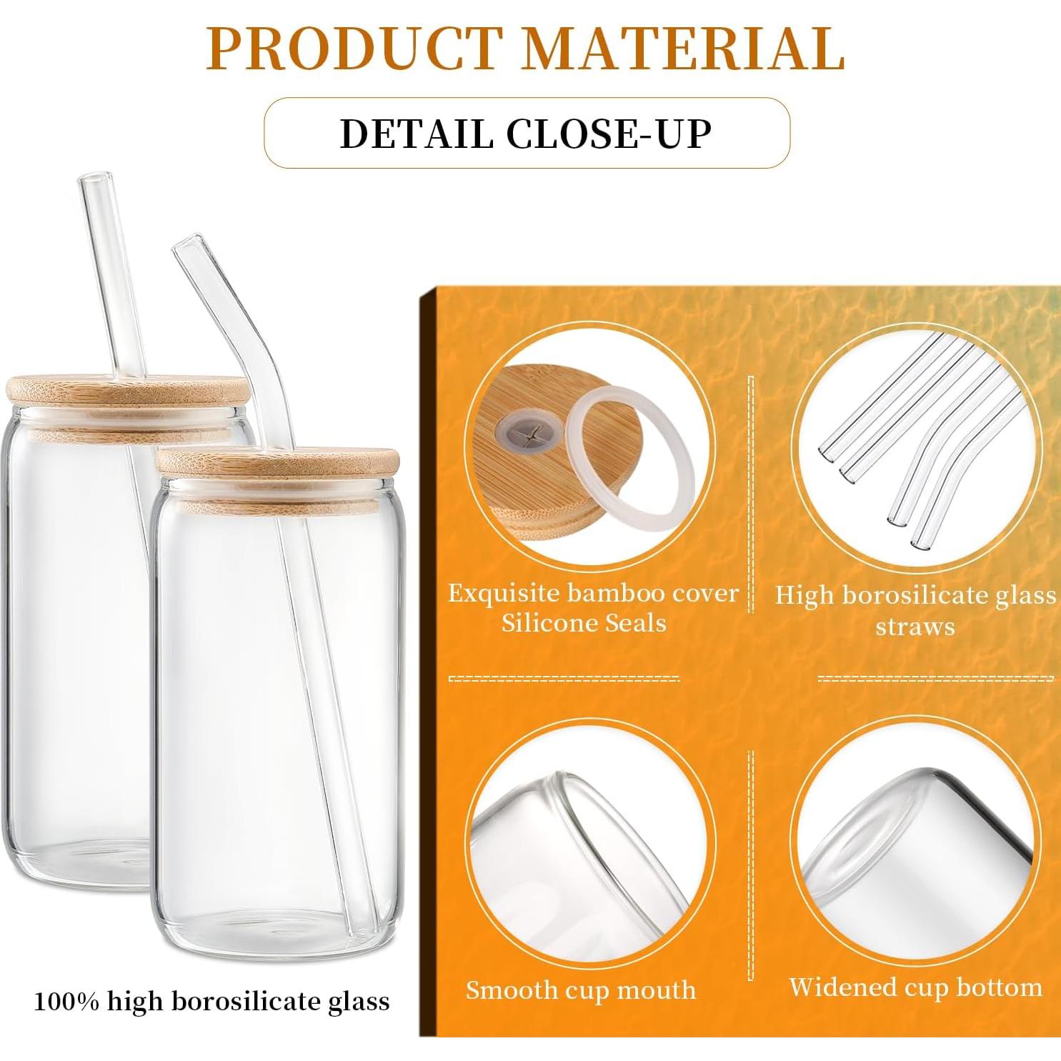 Juego de Tazas de Vidrio DWTS DANWEITESI 4 pcs 16 oz con Tapas y Pajitas