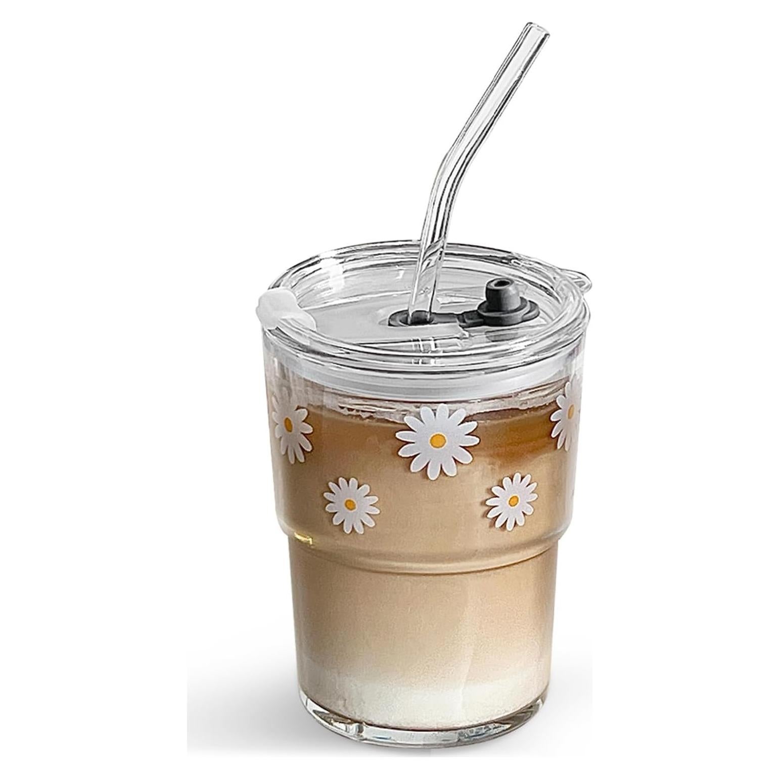 Vaso de vidrio reutilizable Olvini 385ml con tapa y popote