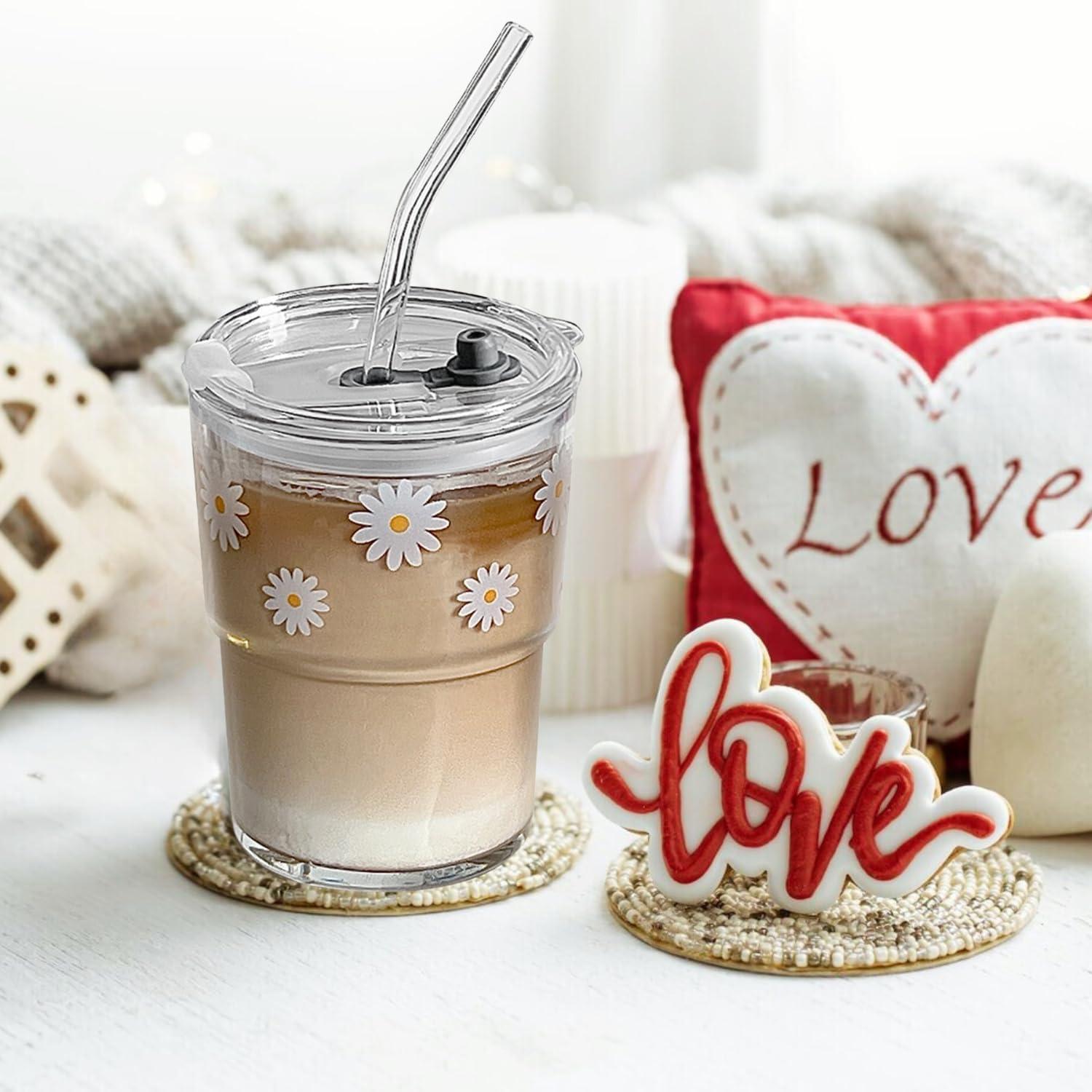 Vaso de vidrio reutilizable Olvini 385ml con tapa y popote