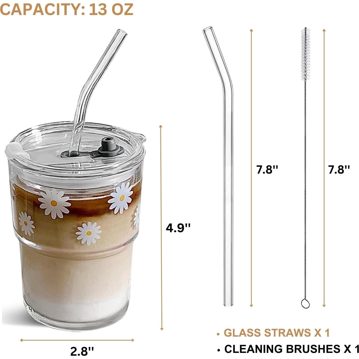 Vaso de vidrio reutilizable Olvini 385ml con tapa y popote