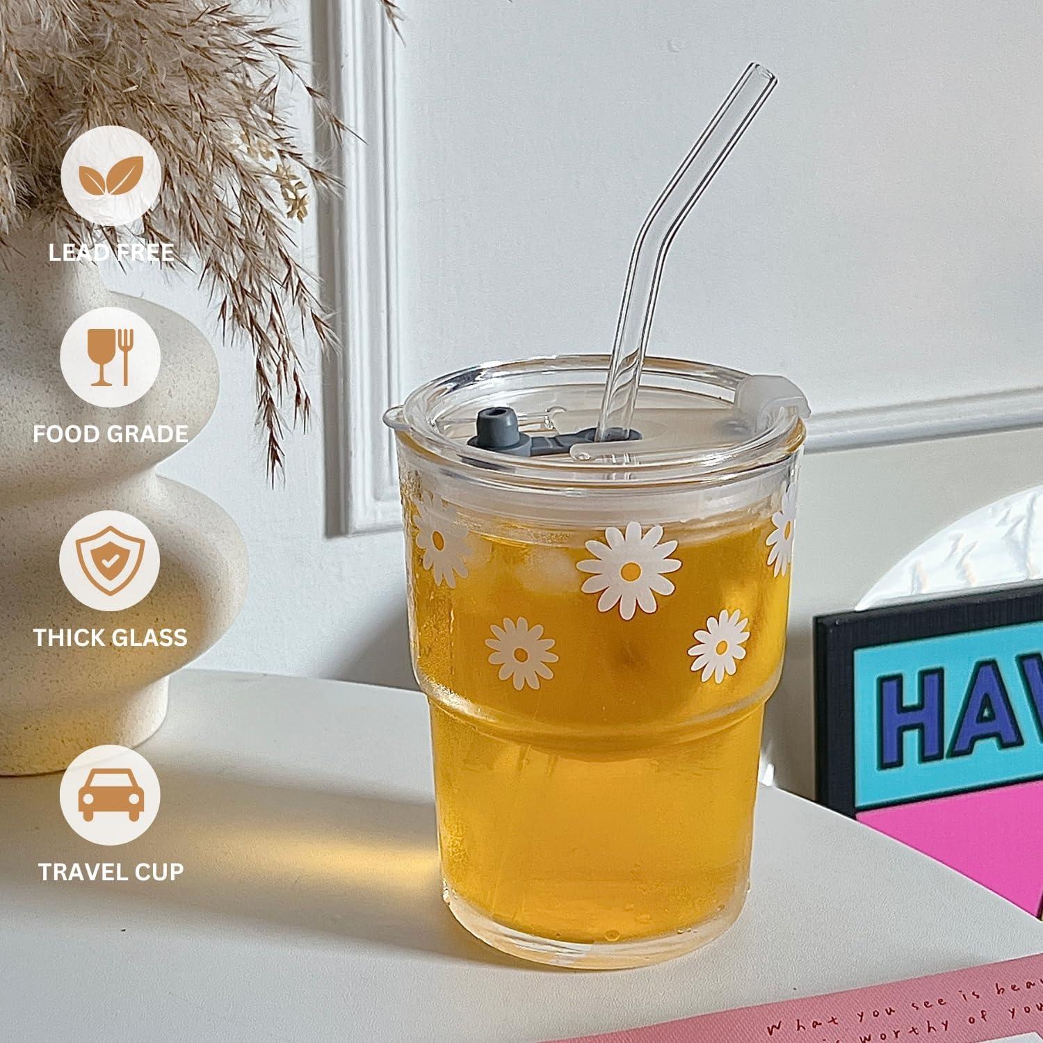 Vaso de vidrio reutilizable Olvini 385ml con tapa y popote