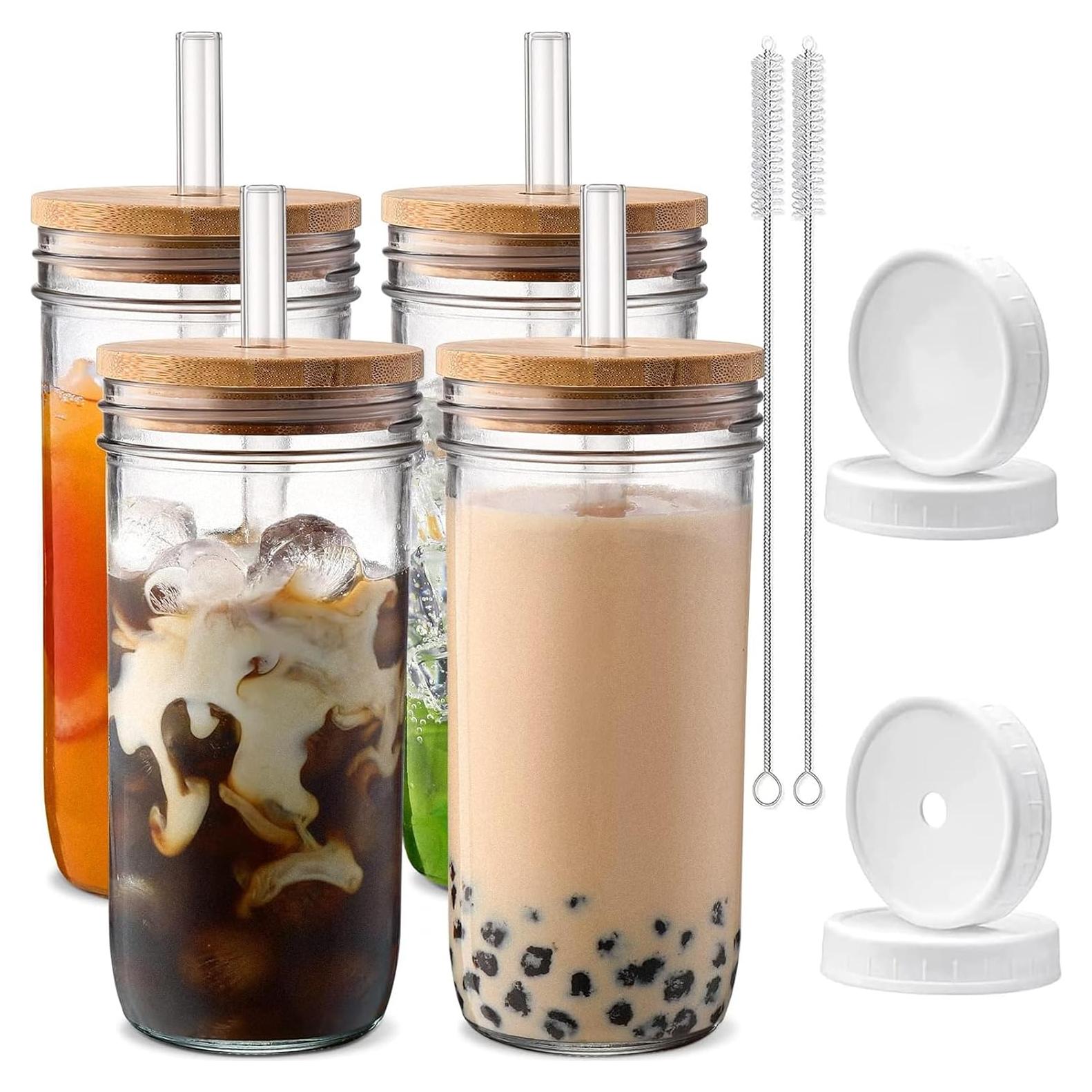 Vasos de vidrio DWTS DANWEITESI 24 oz con tapa y popote - 4 unidades