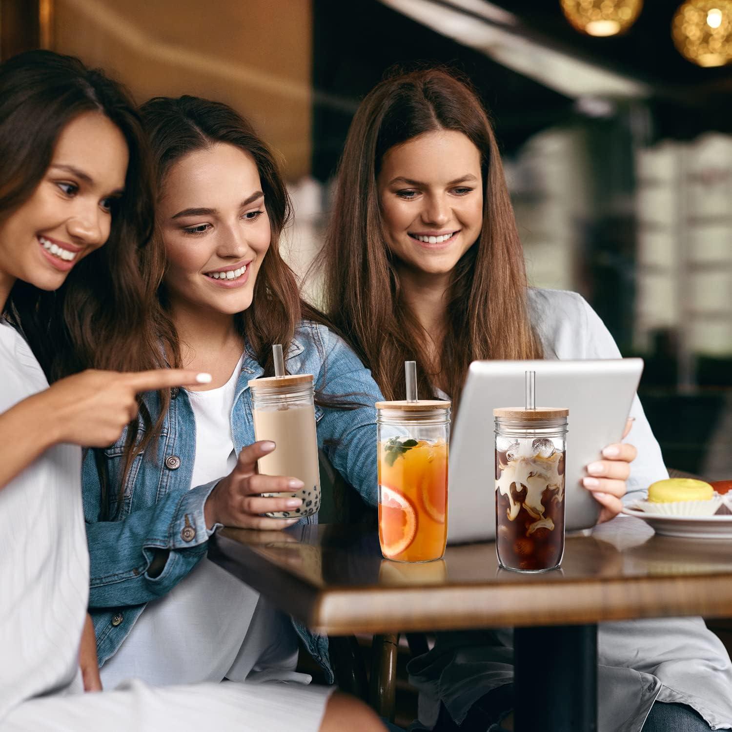 Vasos de vidrio DWTS DANWEITESI 24 oz con tapa y popote - 4 unidades