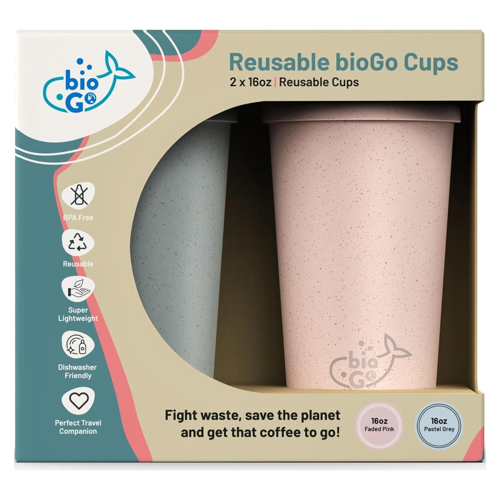 Tazas de Café Reutilizables bioGo 16oz Rosa y Gris - 2 Unidades