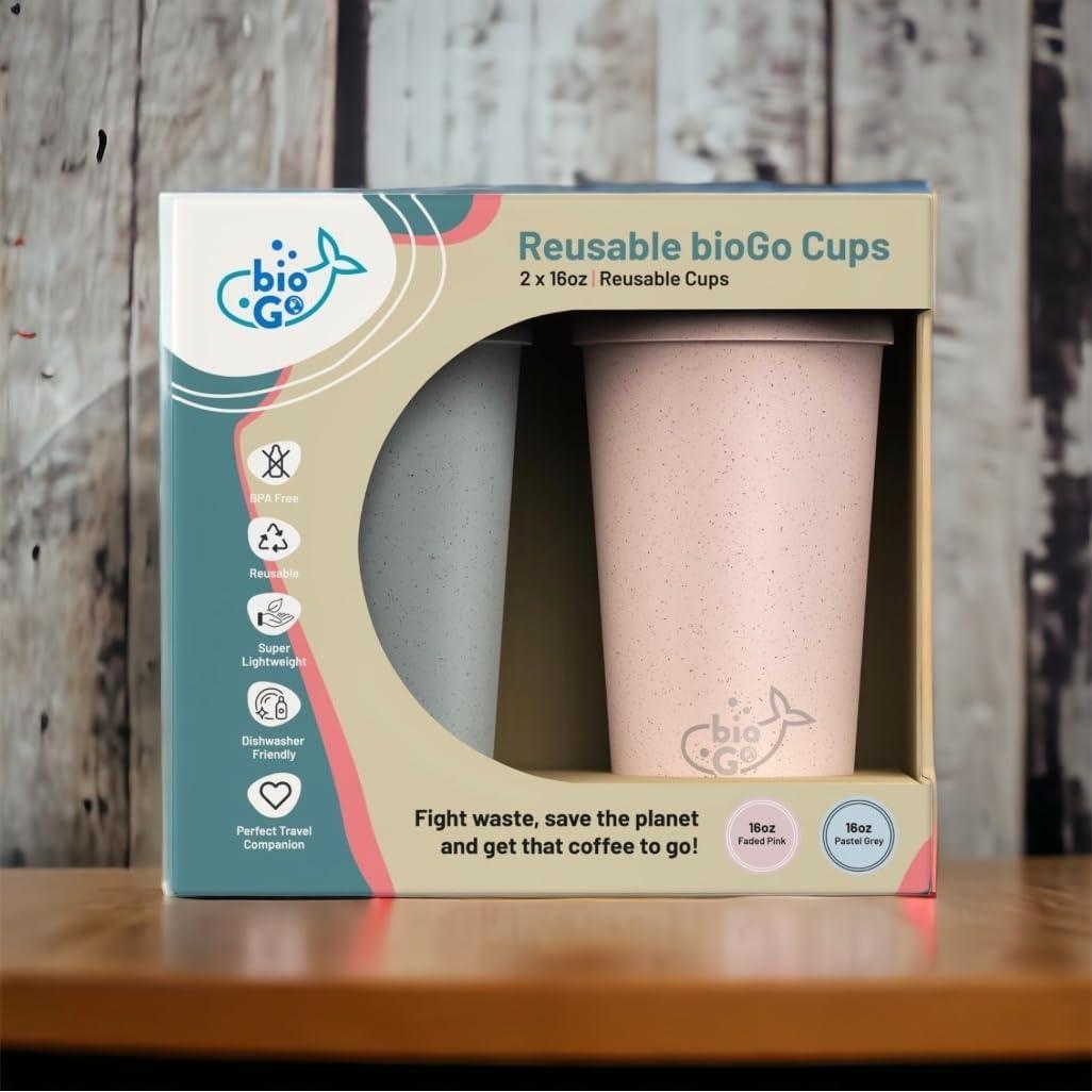 Tazas de Café Reutilizables bioGo 16oz Rosa y Gris - 2 Unidades