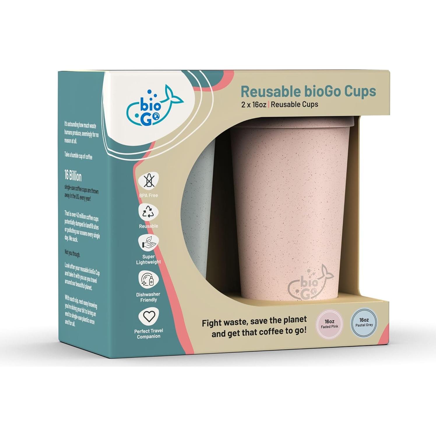 Tazas de Café Reutilizables bioGo 16oz Rosa y Gris - 2 Unidades
