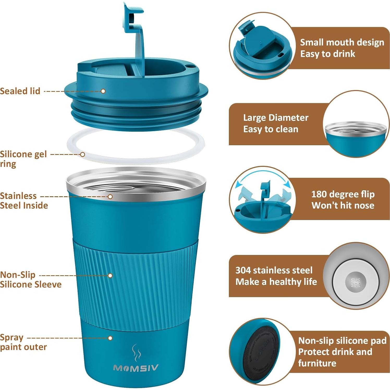 Taza de Viaje MOMSIV 380ml Acero Inoxidable Aislada Antifugas