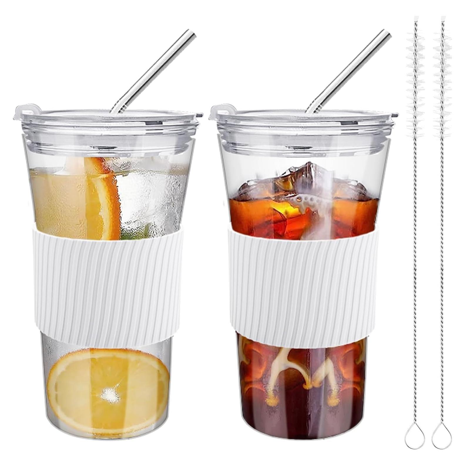 Juego de 2 Vasos de Vidrio Kftamoetly 16 oz con Tapas y Pajitas