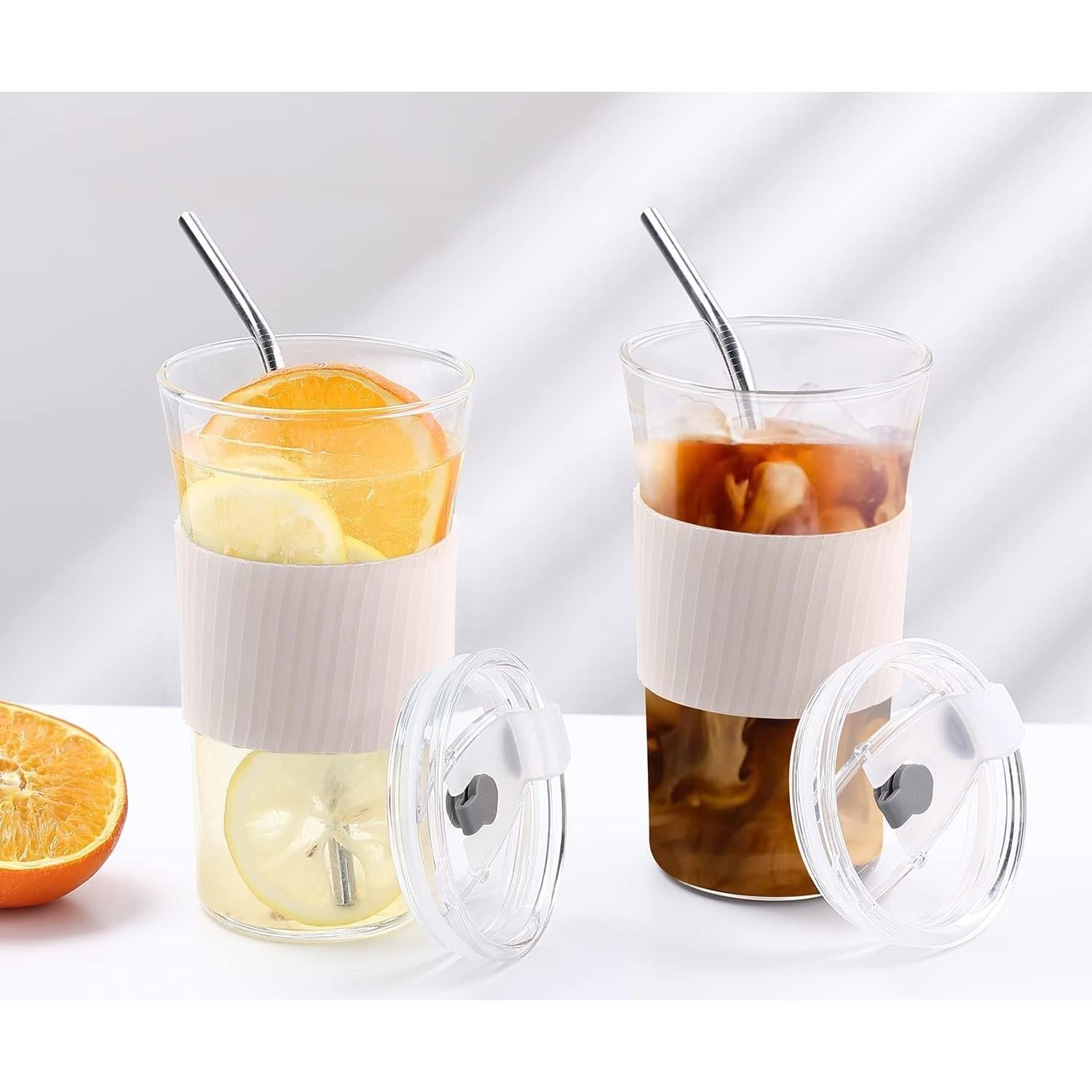 Juego de 2 Vasos de Vidrio Kftamoetly 16 oz con Tapas y Pajitas