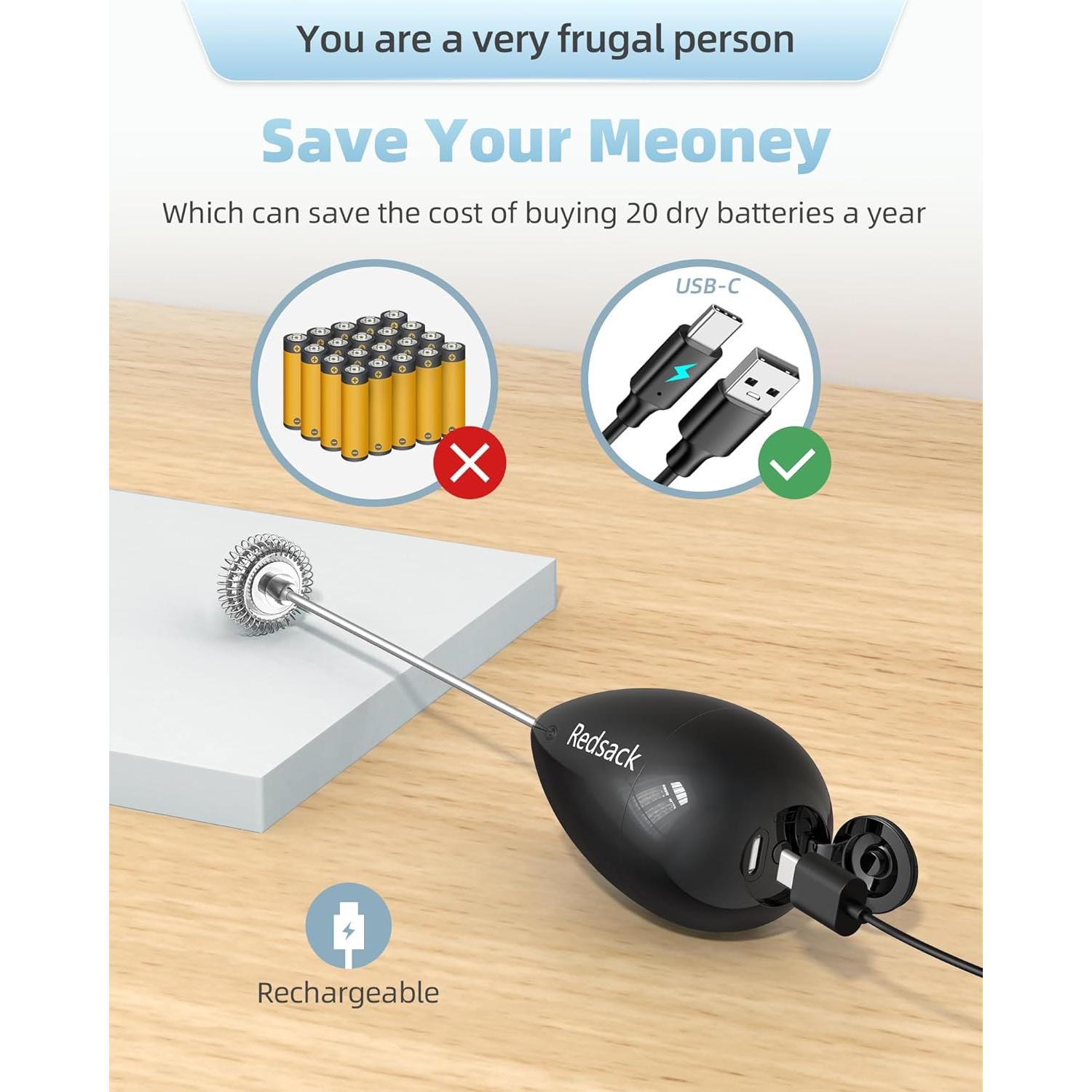 Espumador de Leche Eléctrico Redsack Negro Recargable USB