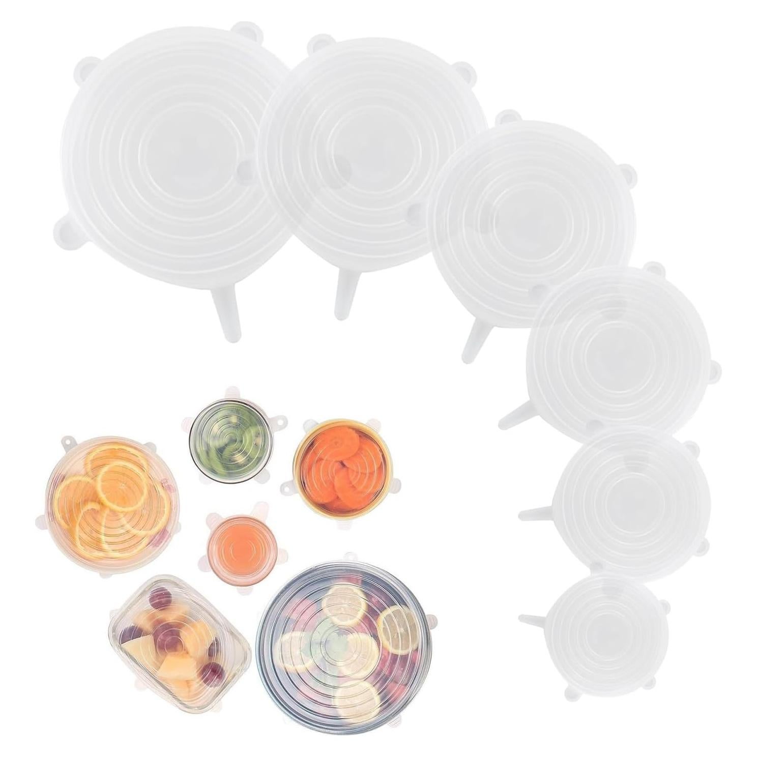 Silicone Stretch Lids – 6 Pack Reusable Food Covers,Flexible Silicone for Bowls, Containers, Fruits – Airtight & Leakproof Seal for Kitchen Storage(transparent)