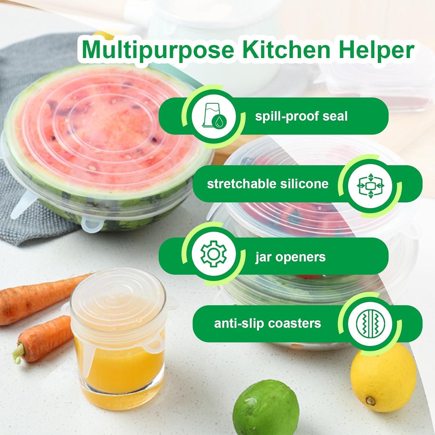 Silicone Stretch Lids – 6 Pack Reusable Food Covers,Flexible Silicone for Bowls, Containers, Fruits – Airtight & Leakproof Seal for Kitchen Storage(transparent)