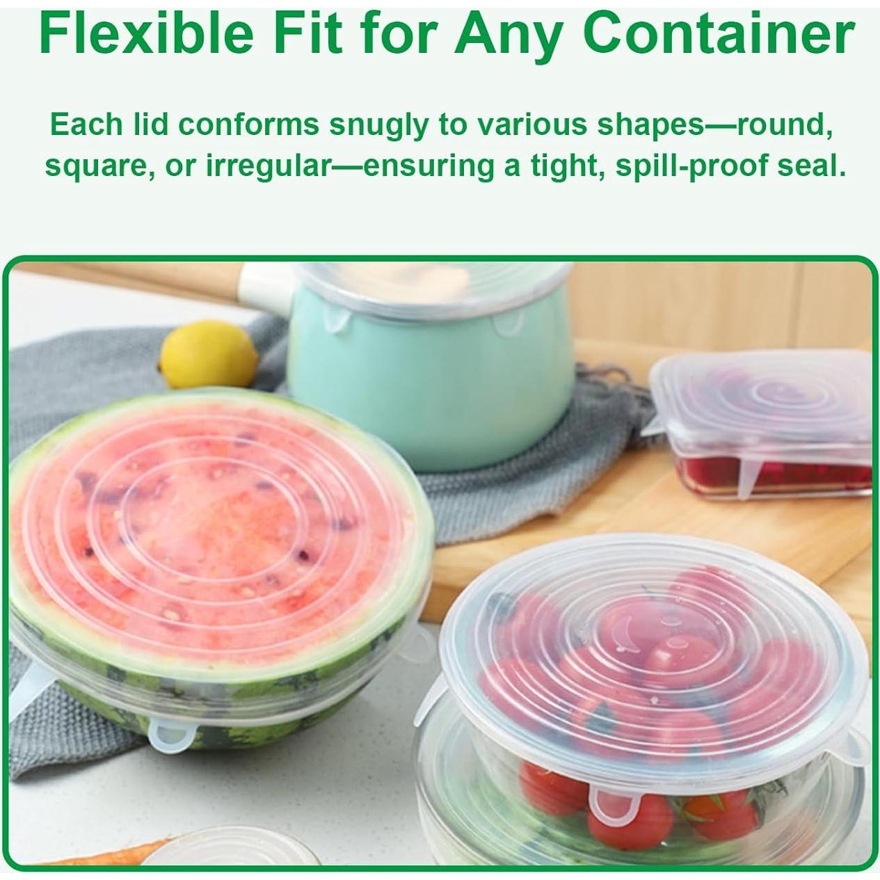 Silicone Stretch Lids – 6 Pack Reusable Food Covers,Flexible Silicone for Bowls, Containers, Fruits – Airtight & Leakproof Seal for Kitchen Storage(transparent)