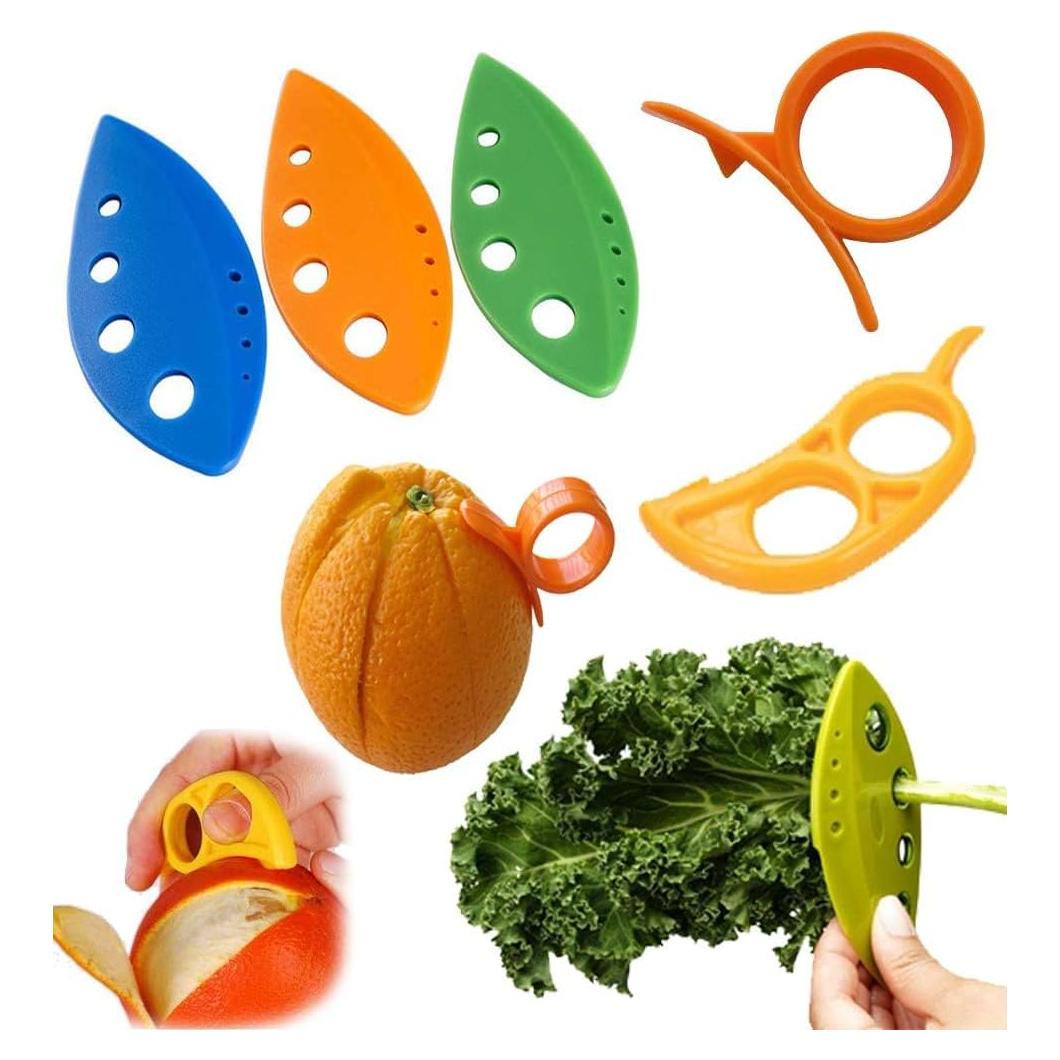 Set de Cocina Brillante: 3 Deshojadores de Hierbas + 2 Peladores