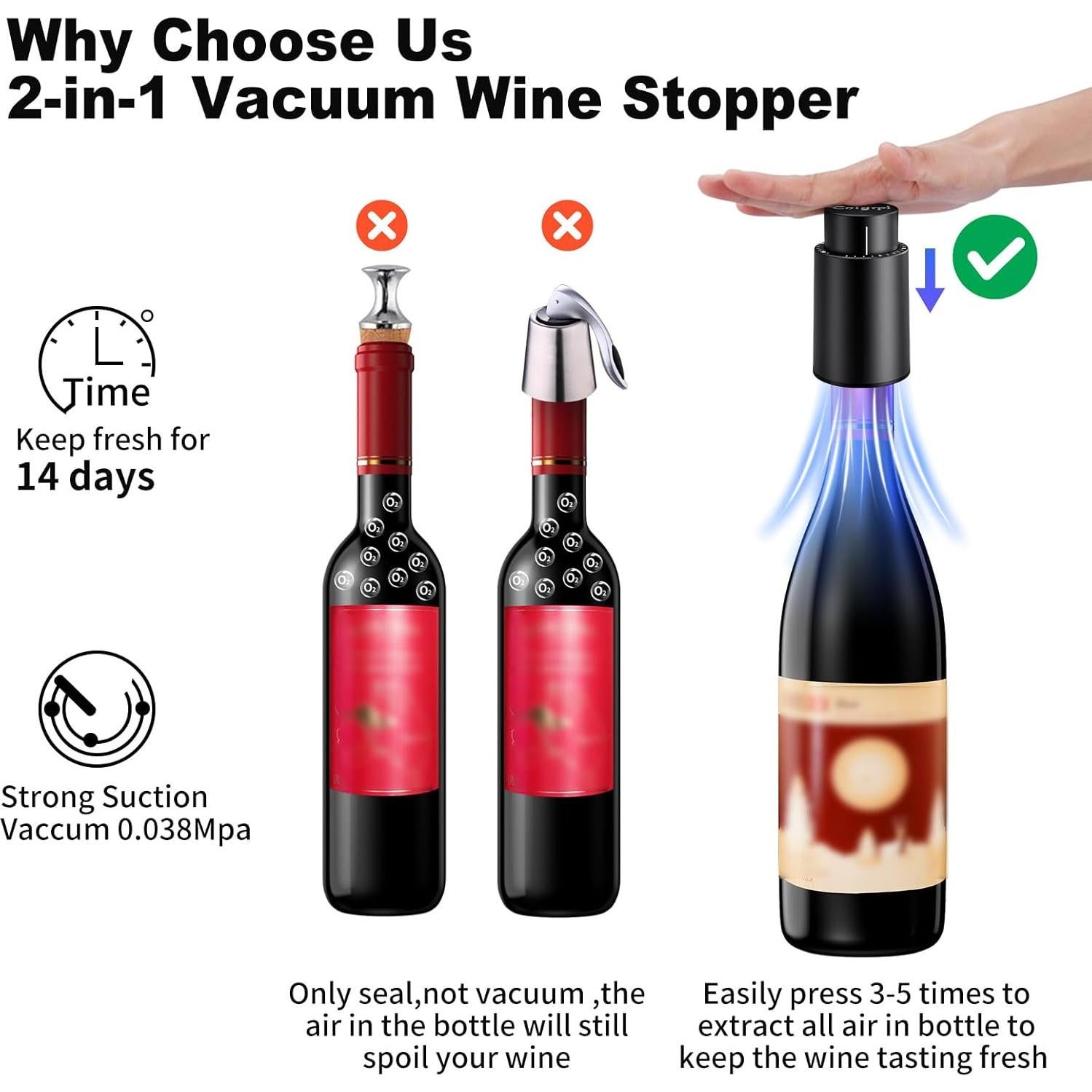 Wine Bottle Stoppers，2-in-1 Vacuum Wine Stopper，Reusable Wine Savers, Wine Preserver Vacuum Pump Corks Keep Wine Really Fresh, Best Gift Accessories (1 Black)