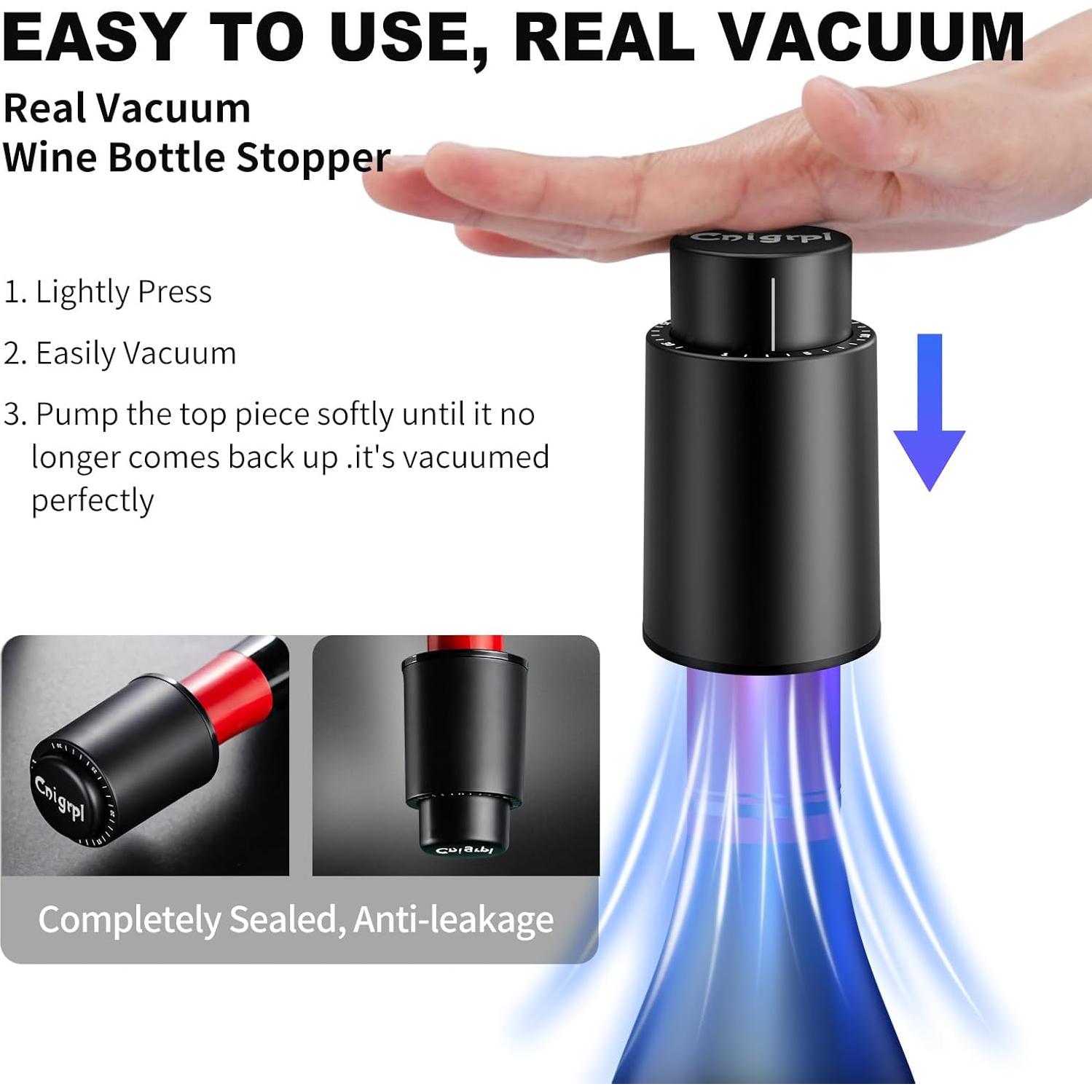 Wine Bottle Stoppers，2-in-1 Vacuum Wine Stopper，Reusable Wine Savers, Wine Preserver Vacuum Pump Corks Keep Wine Really Fresh, Best Gift Accessories (1 Black)