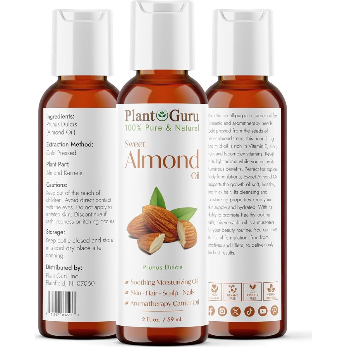 Aceite de Almendra Dulce 60 ml Plant Guru 100% Puro Natural