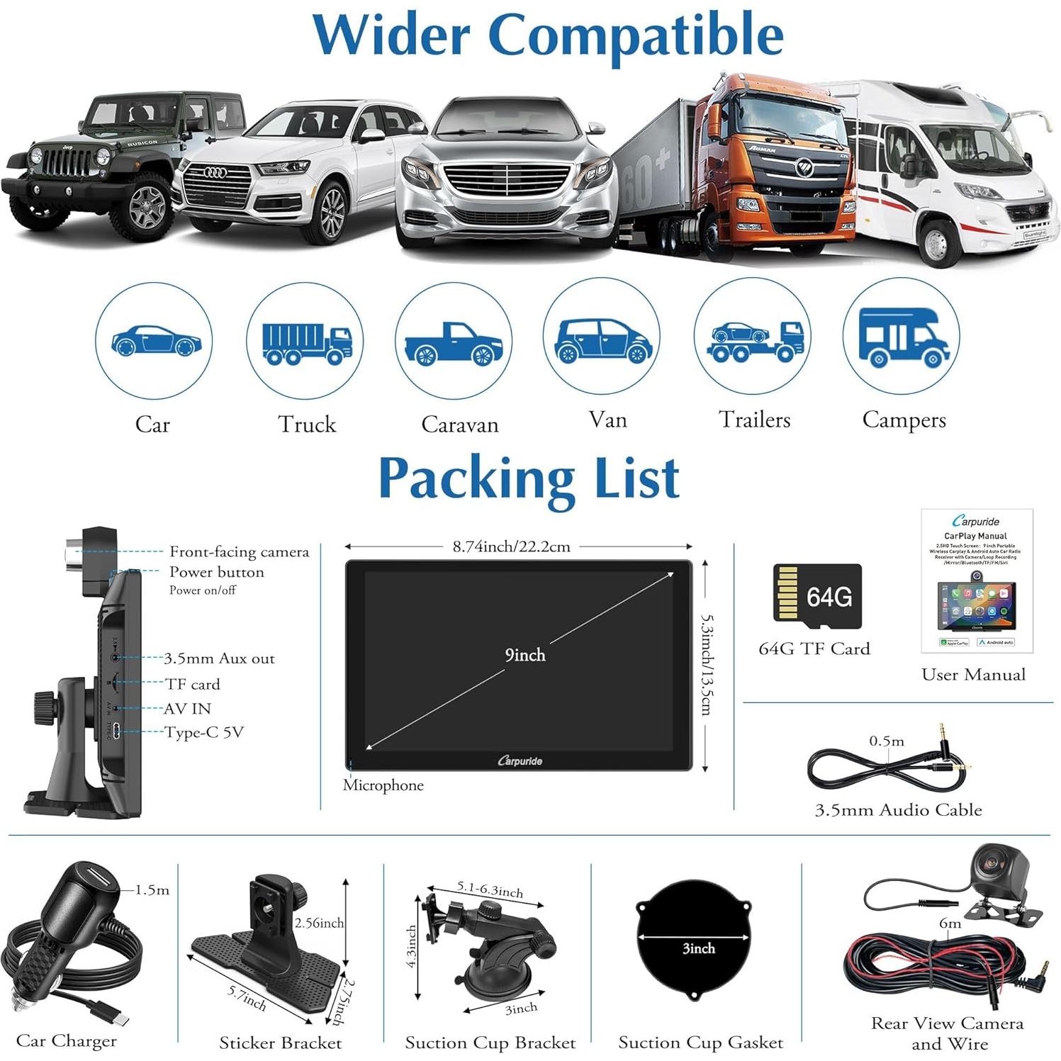 Carpuride W905 Pantalla Táctil 9" para Coche con Carplay