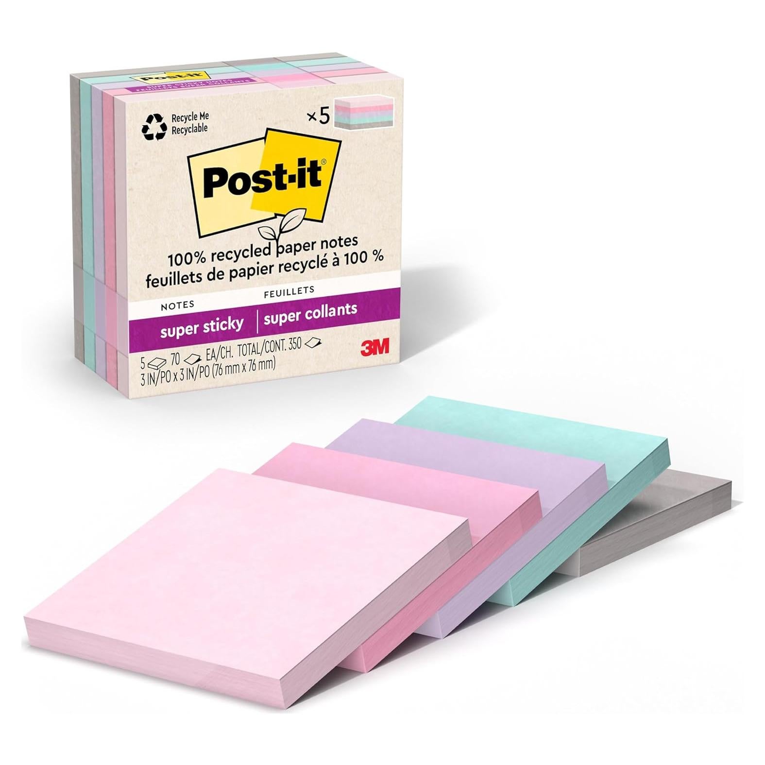 Notas Adhesivas Super Pegajosas Post-it 100% Recicladas 3x3"