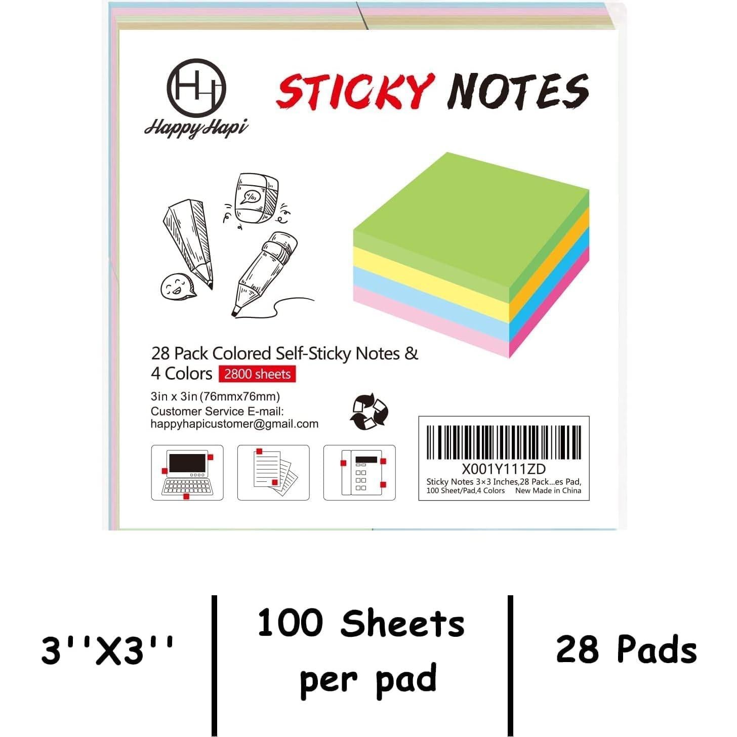Notas Adhesivas HappyHapi 3x3" 28 Paquetes 2800 Hojas Colores