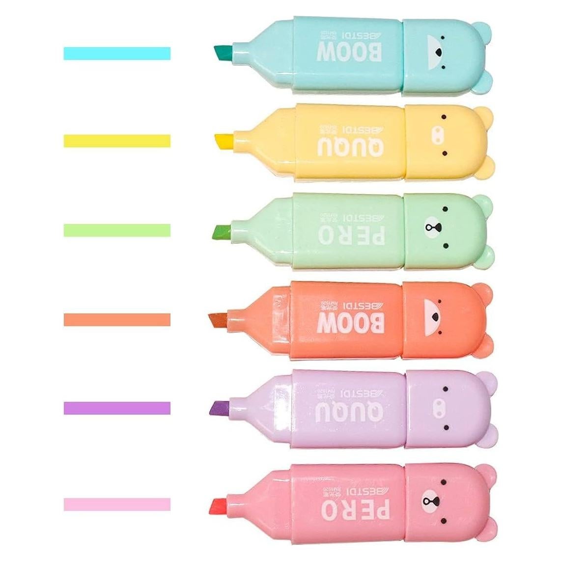 Resaltadores Mini Oso Leery - 6 Colores Pastel Punta Biselada