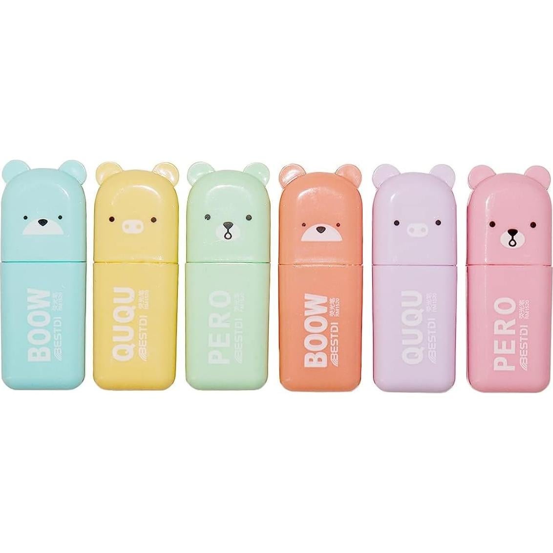 Resaltadores Mini Oso Leery - 6 Colores Pastel Punta Biselada