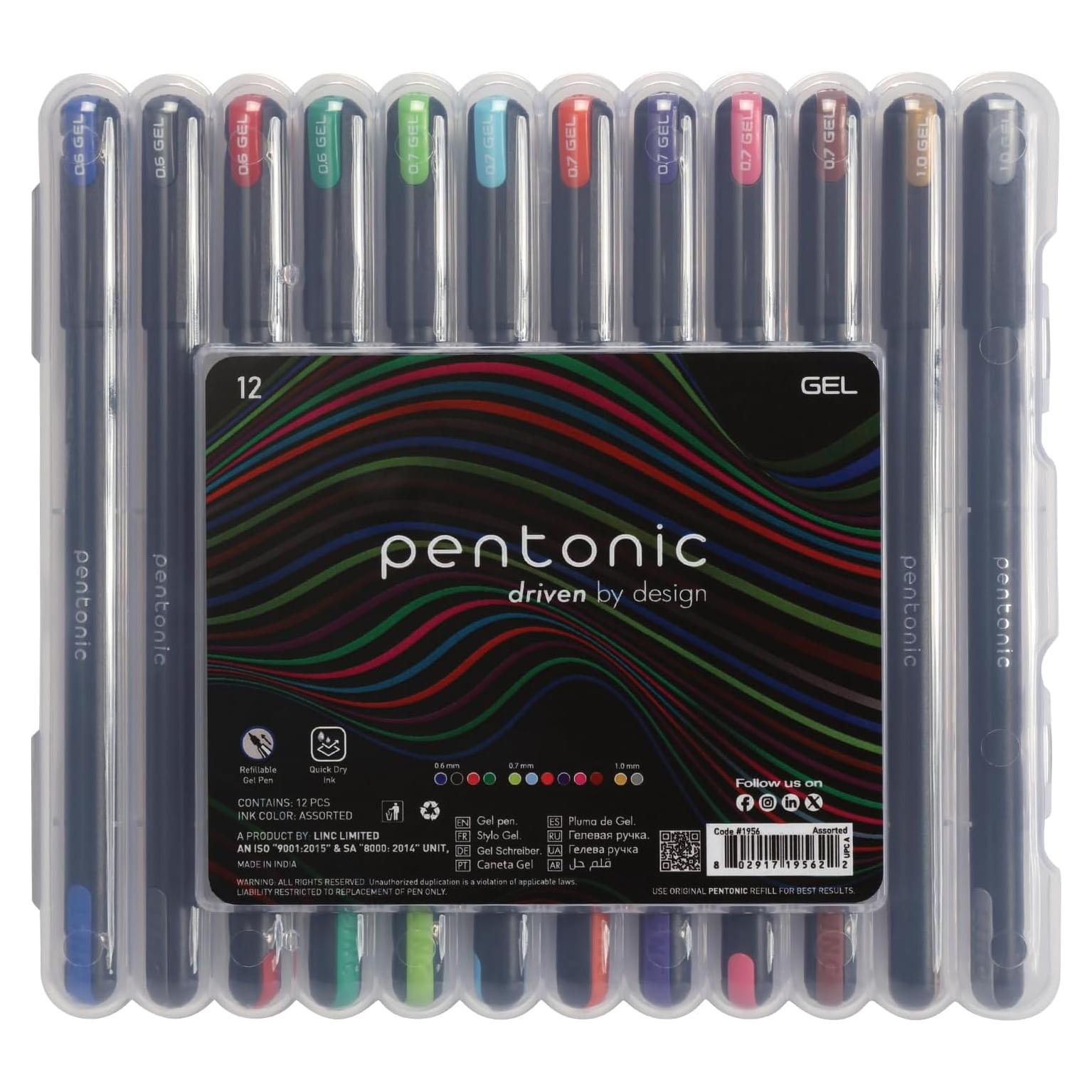 Pentonic Gel Pens In Pen Organizer Case, 12 Count, Assorted Colored Ink, 0.6 mm, 0.7 mm, 1.0 mm, Smooth Writing (PEN12185)