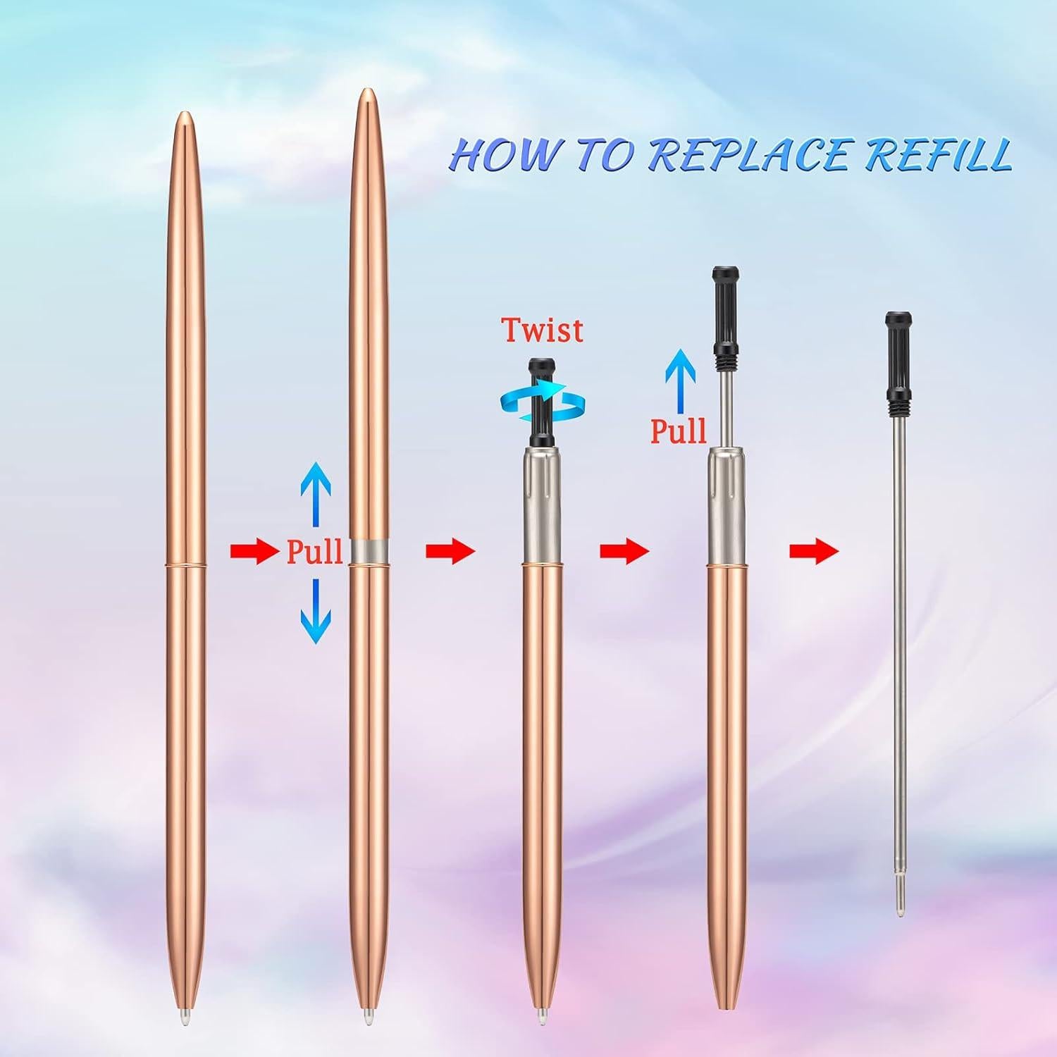 Juego de 5 bolígrafos metálicos Wikult Oro Rosa 1.0mm tinta negra