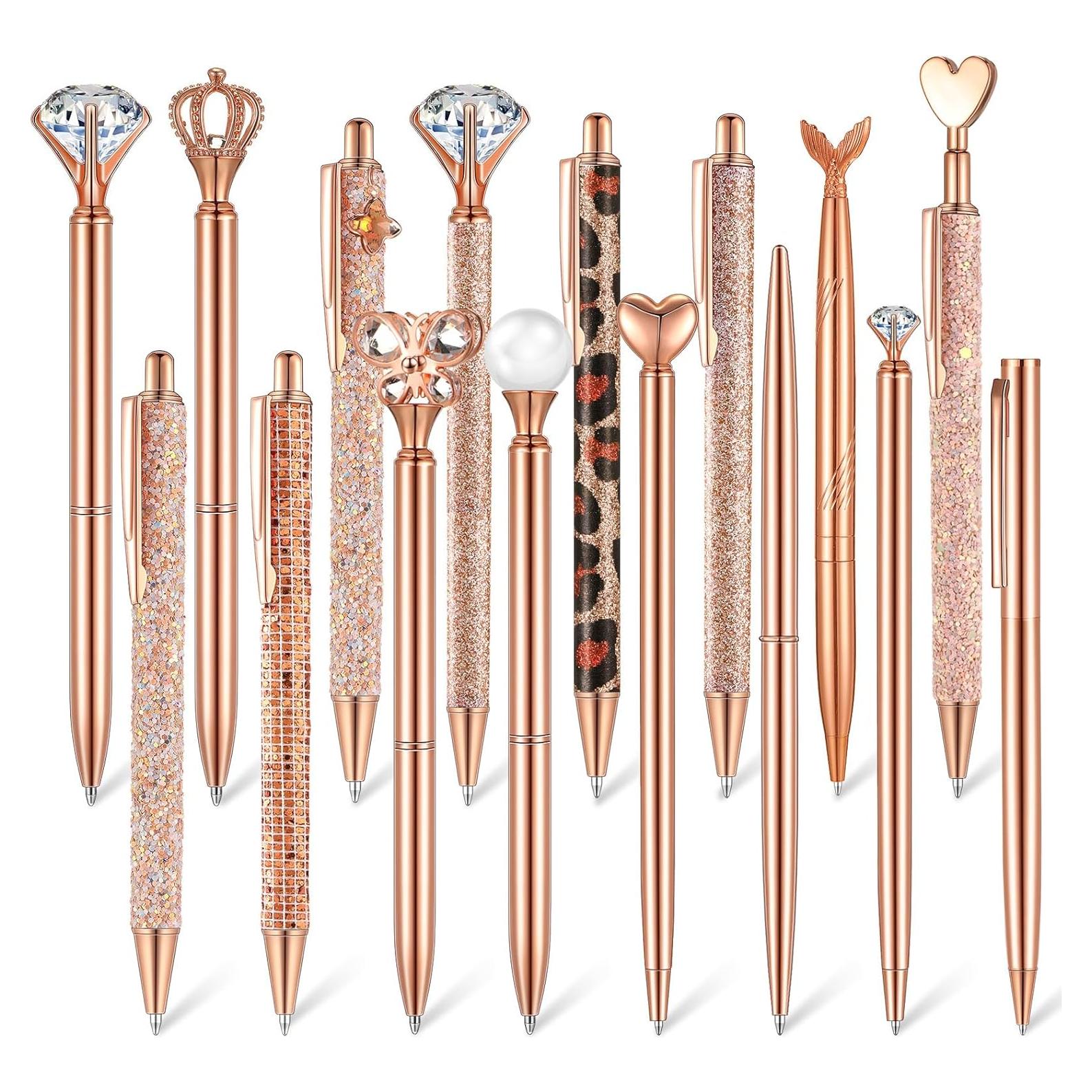 Conjunto de 16 Bolígrafos Retráctiles Colarr Oro Rosa Tinta Negra