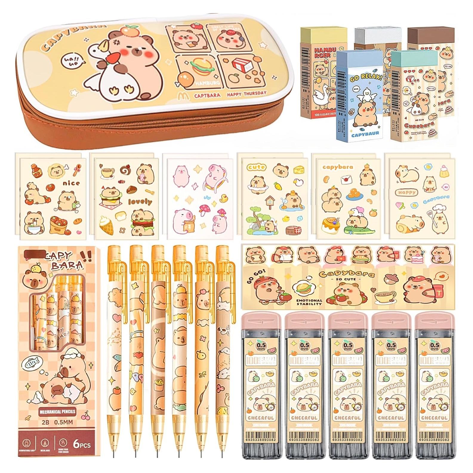 Conjunto de Papelería Kawaii Daphilly Capibara - 6 Lápices Mecánicos, Stickers, Borradores
