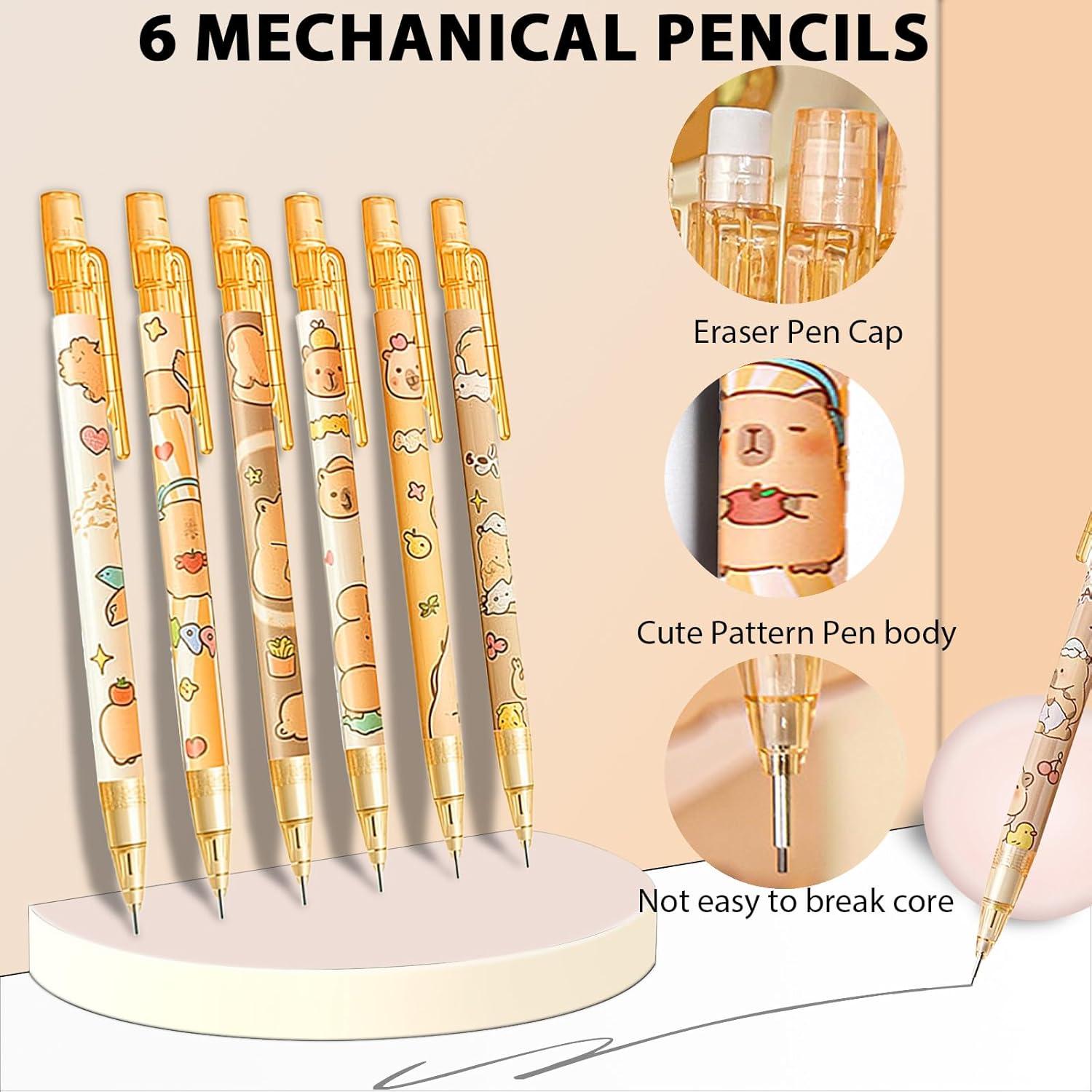 Conjunto de Papelería Kawaii Daphilly Capibara - 6 Lápices Mecánicos, Stickers, Borradores